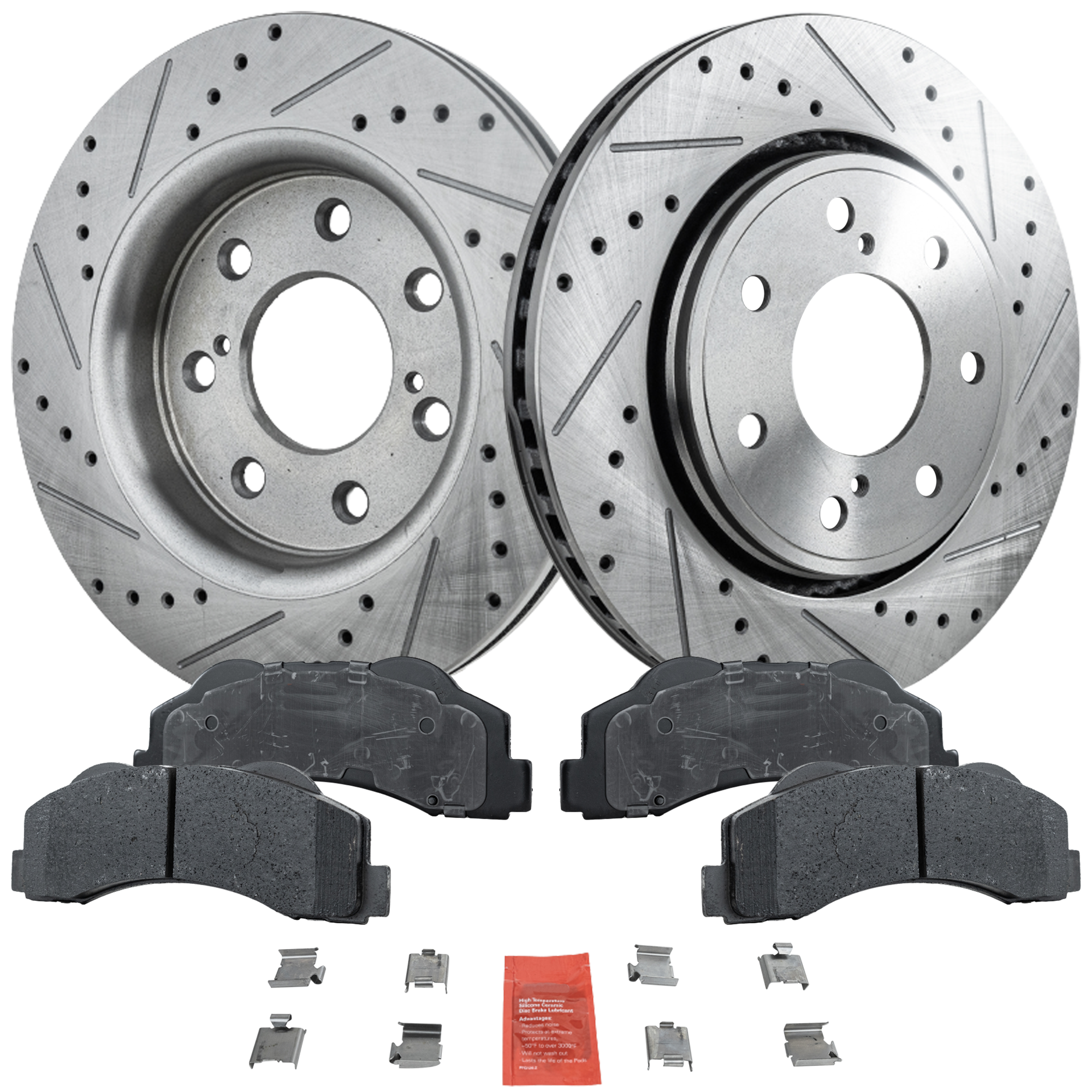 AM F 150-10-14 FRONT BRAKE DISC AND PAD KIT 4 pc Kit Cross drilled and Slotted SKU KIT 050623-41 OEM 42275-54173-850190-900848-6005