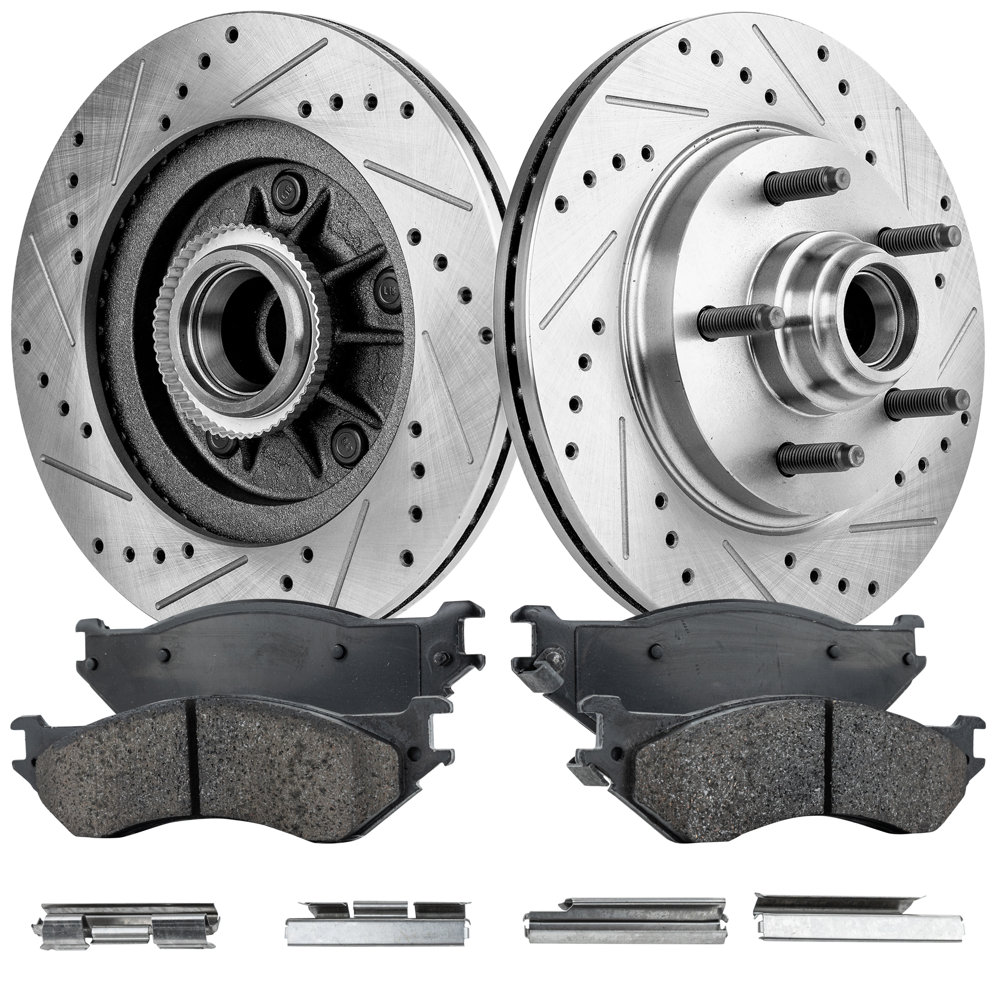 AM F 150-00-03 F 150 HERITAGE 04-04 FRONT BRAKE DISC AND PAD KIT 4 pc kit Cross drilled and Slotted SKU KIT 050623-49 OEM 19913-54092-66997-145310-49229