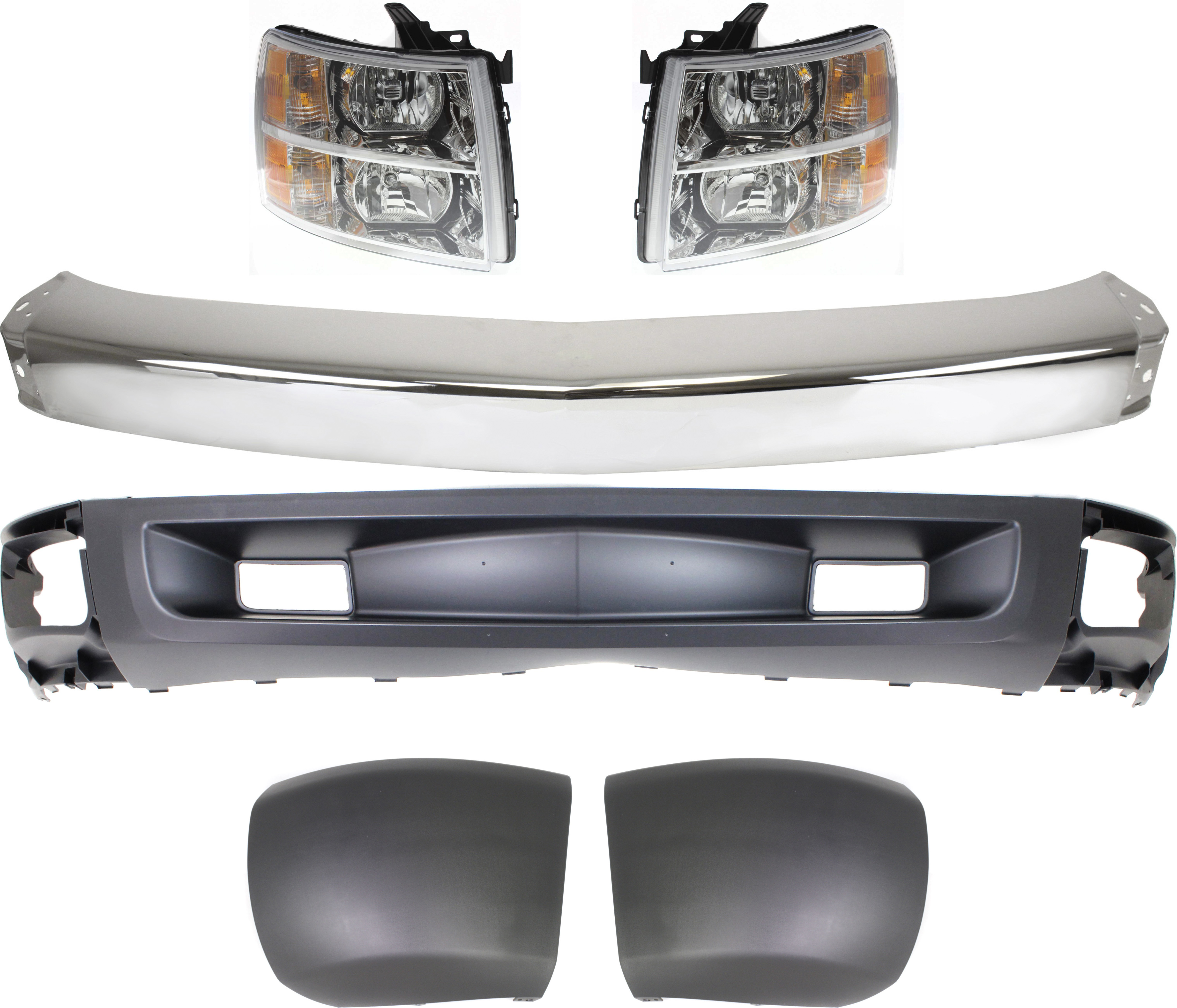 AM SILVERADO 1500-07-08 FRONT VALANCE 6 pc kit with Bumper Bumper End Headlight and Excludes 2007 Classic SKU KIT 050717-15 Partslink GM1092246 GM1002830 GM1004146 GM1005146 GM2502280 GM2503280 OEM 20762570-15836961-15838397-158