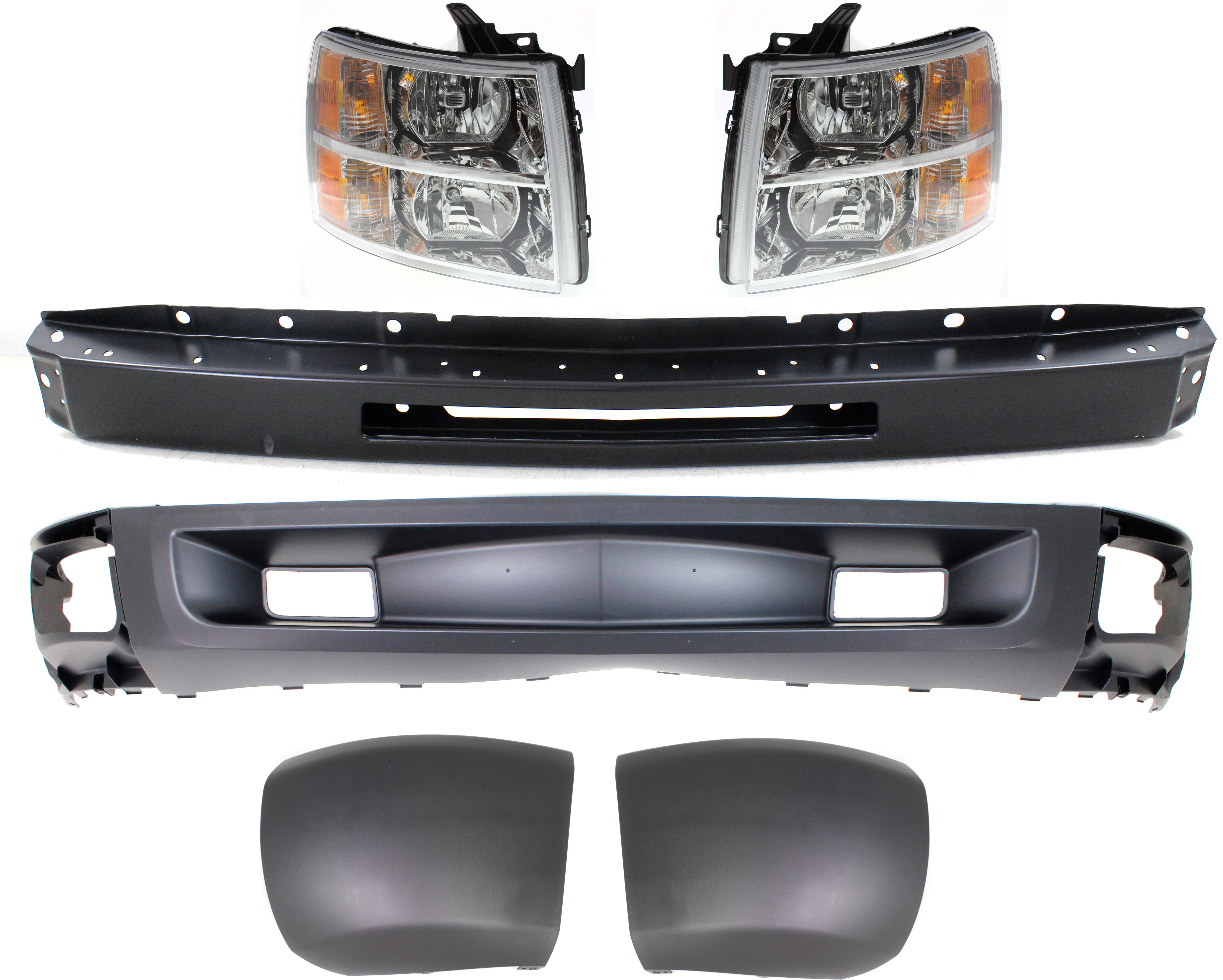 AM SILVERADO 1500-09-13 FRONT VALANCE 6 pc kit with Bumper Bumper End and Headlight SKU KIT 050717-18 Partslink GM1092246 GM1002836 GM1004146 GM1005146 GM2502280 GM2503280 OEM 20762570-15941837-15941850-158