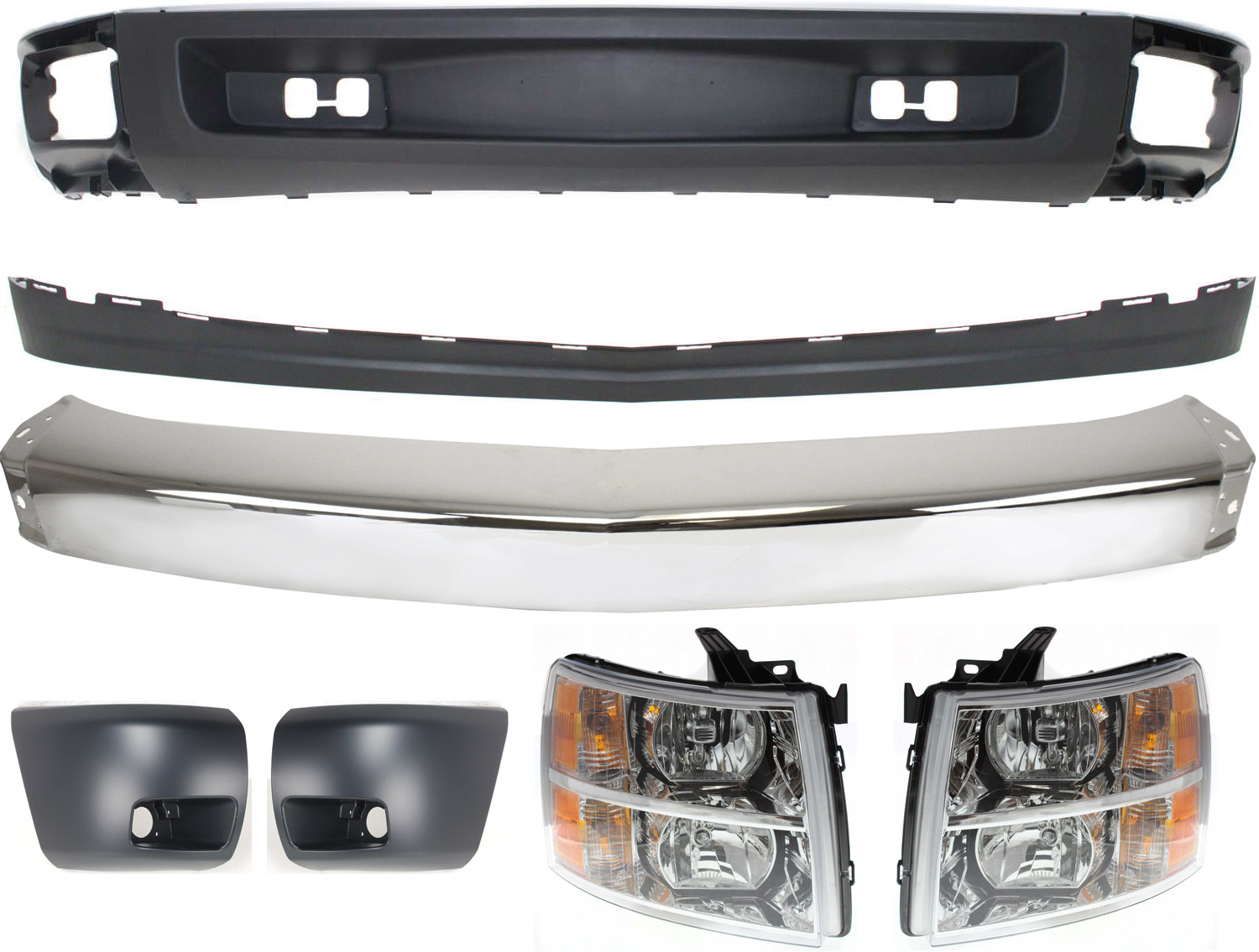 AM SILVERADO 1500-07-08 FRONT BUMPER 7 pc kit with Bumper Ends Headlights and Valances SKU KIT 050717-27 Partslink GM1002830 GM1004147 GM1005147 GM2502280 GM2503280 GM1092192 GM1092191 OEM 15836961-15891681-15891682-228