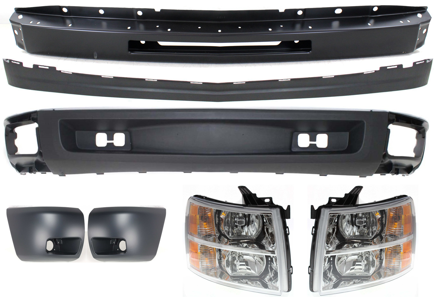 AM SILVERADO 1500-09-13 HEAD LAMP RH AND LH Assembly Halogen 7 pc Kit with Bumper Bumper Ends and Valances SKU KIT 050717-30 Partslink GM2503280 GM2502280 GM1002836 GM1004147 GM1005147 GM1092192 GM1092191 OEM 22853028-22853027-15941837-159