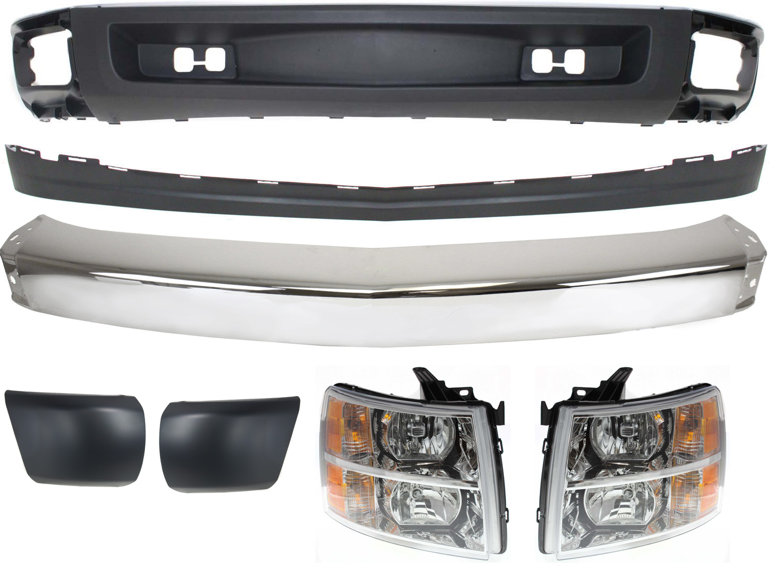 AM SILVERADO 1500-07-08 FRONT BUMPER 7 pc kit with Bumper Ends Headlights and Valances SKU KIT 050717-35 Partslink GM1002830 GM1016103 GM1017103 GM2502280 GM2503280 GM1092192 GM1092191 OEM 15836961-15891690-15891691-228