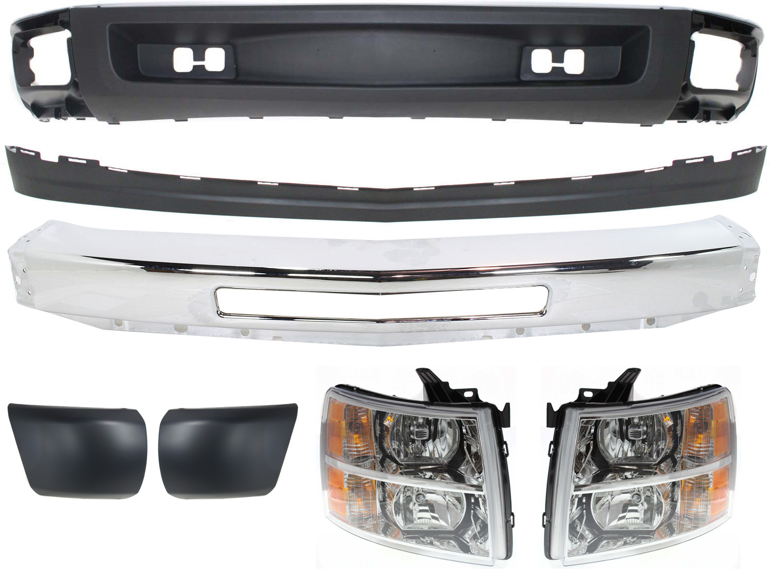AM SILVERADO 1500-09-13 FRONT BUMPER 7 pc kit with Bumper Ends Headlights and Valances SKU KIT 050717-36 Partslink GM1002831 GM1016103 GM1017103 GM2502280 GM2503280 GM1092192 GM1092191 OEM 15941850-15891690-15891691-228