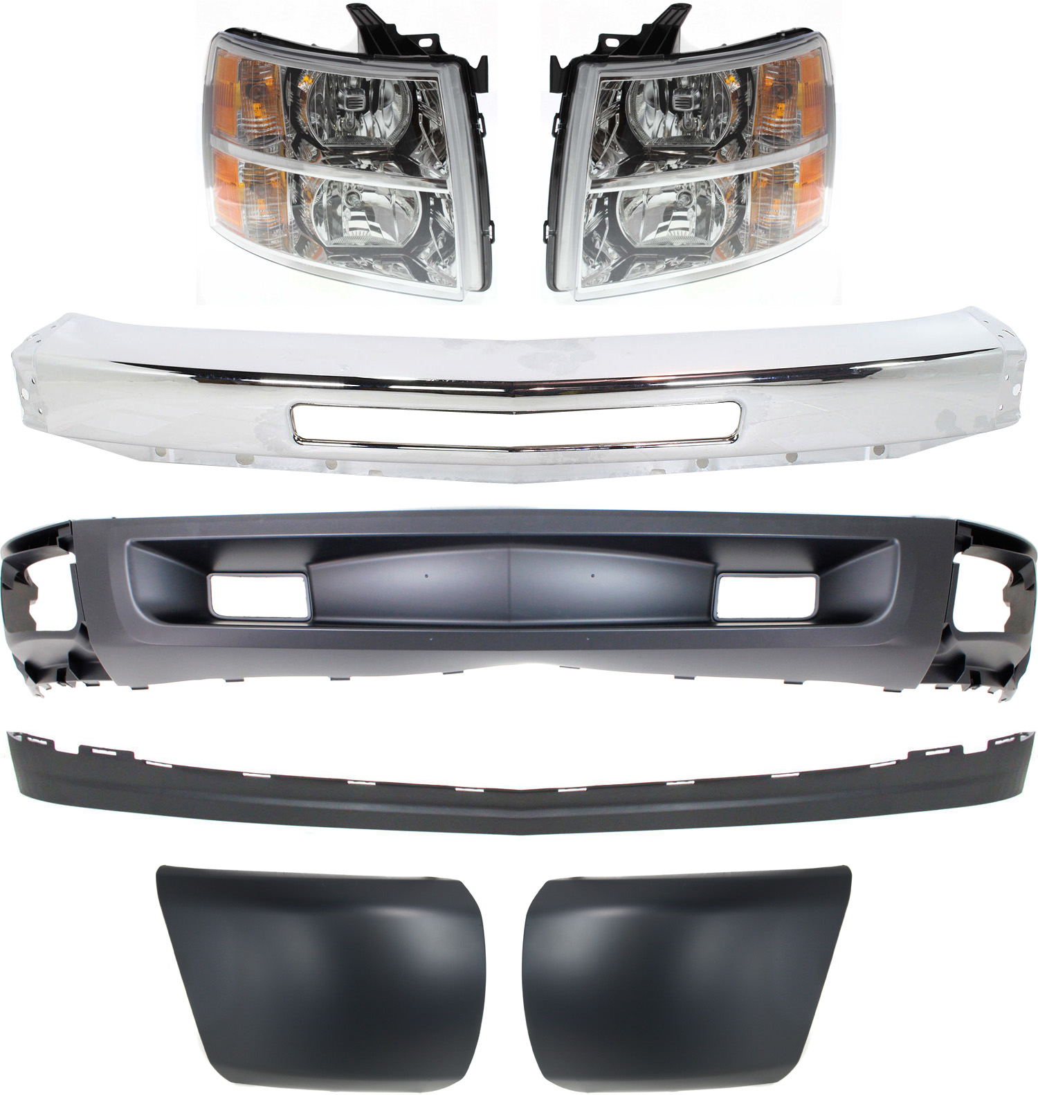 AM SILVERADO 1500-09-13 FRONT VALANCE 7 pc kit with Bumper Bumper Ends and Headlights SKU KIT 050717-40 Partslink GM1092191 GM1092246 GM1002831 GM1016103 GM1017103 GM2503280 GM2502280 OEM 20762570-25821880-15941850-158