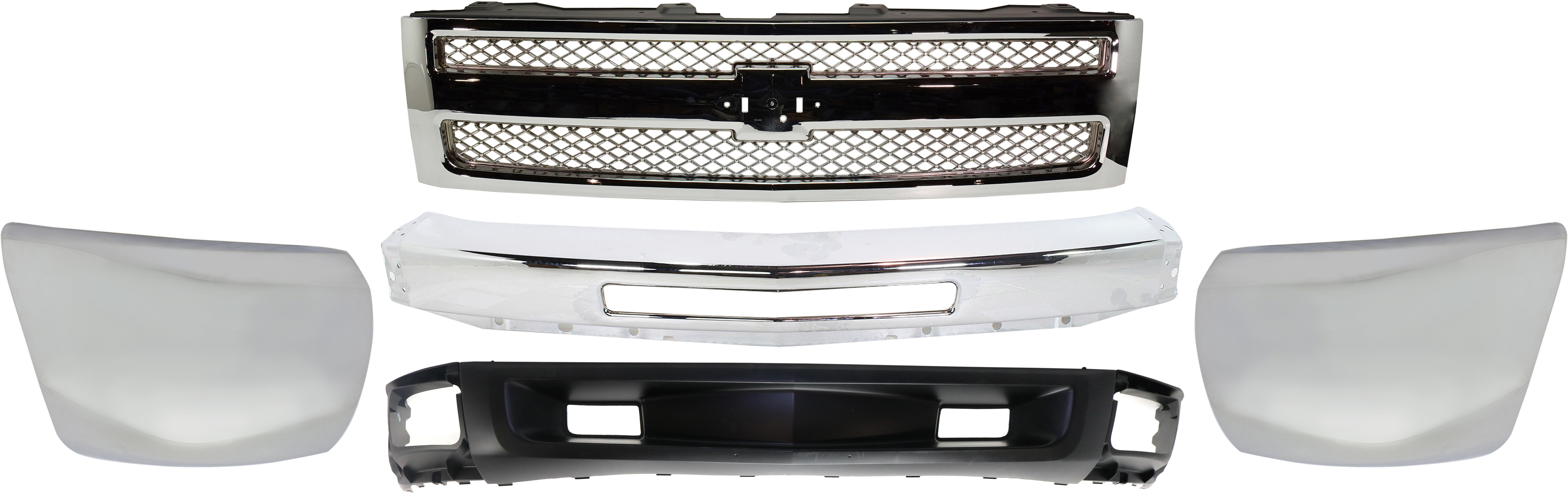 AM SILVERADO 1500-12-13 GRILLE 5 pc Kit w o Fog Lights w Tow Hook Holes with Bumper Bumper Ends and Lower Air Deflector SKU KIT 050717-86 Partslink GM1200655 GM1002831 GM1004157 GM1005157 GM1092246 OEM 22849840-15941850-22796186-227