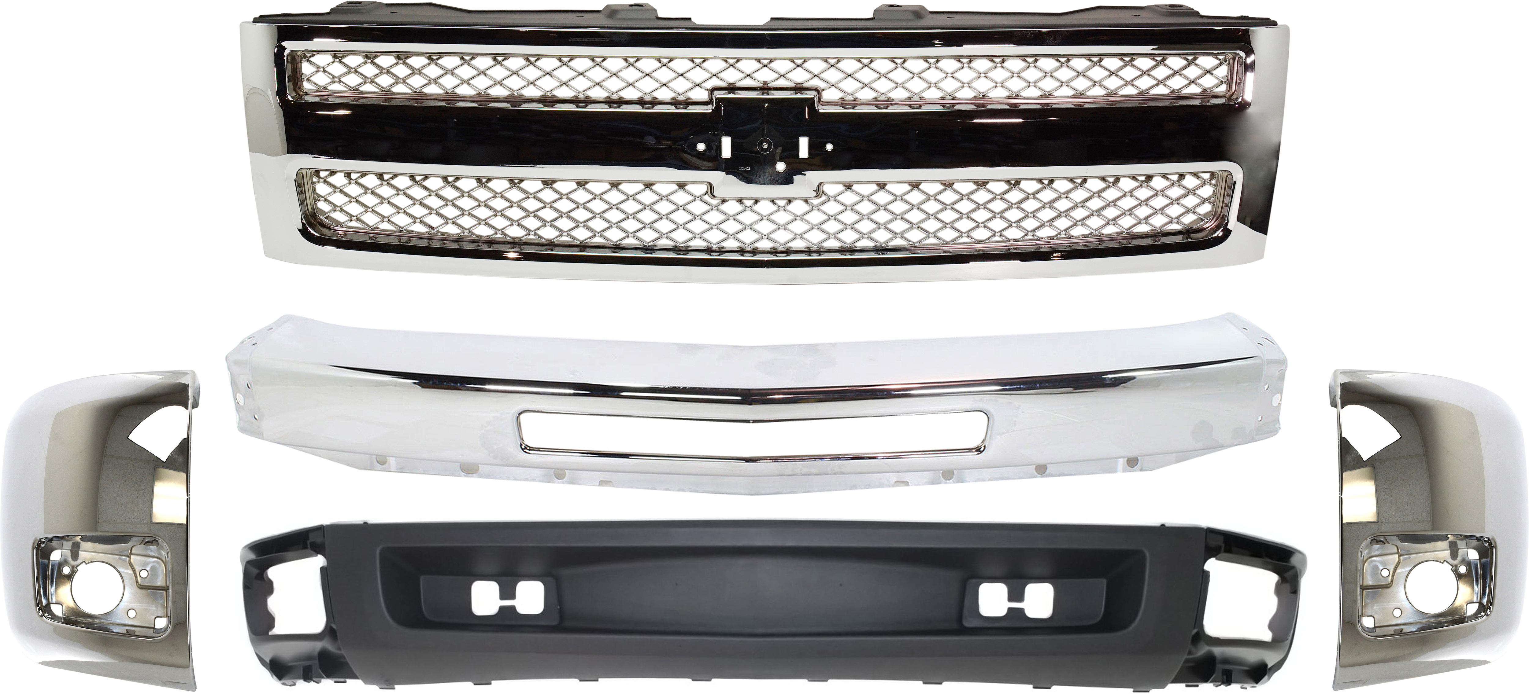 AM SILVERADO 1500-09-13 GRILLE 5 pc Kit w o Tow Hook Holes w Fog Lights with Bumper Bumper Ends and Lower Air Deflector SKU KIT 050717-88 Partslink GM1200655 GM1002831 GM1004156 GM1005156 GM1092192 OEM 22849840-15941850-20985757-209