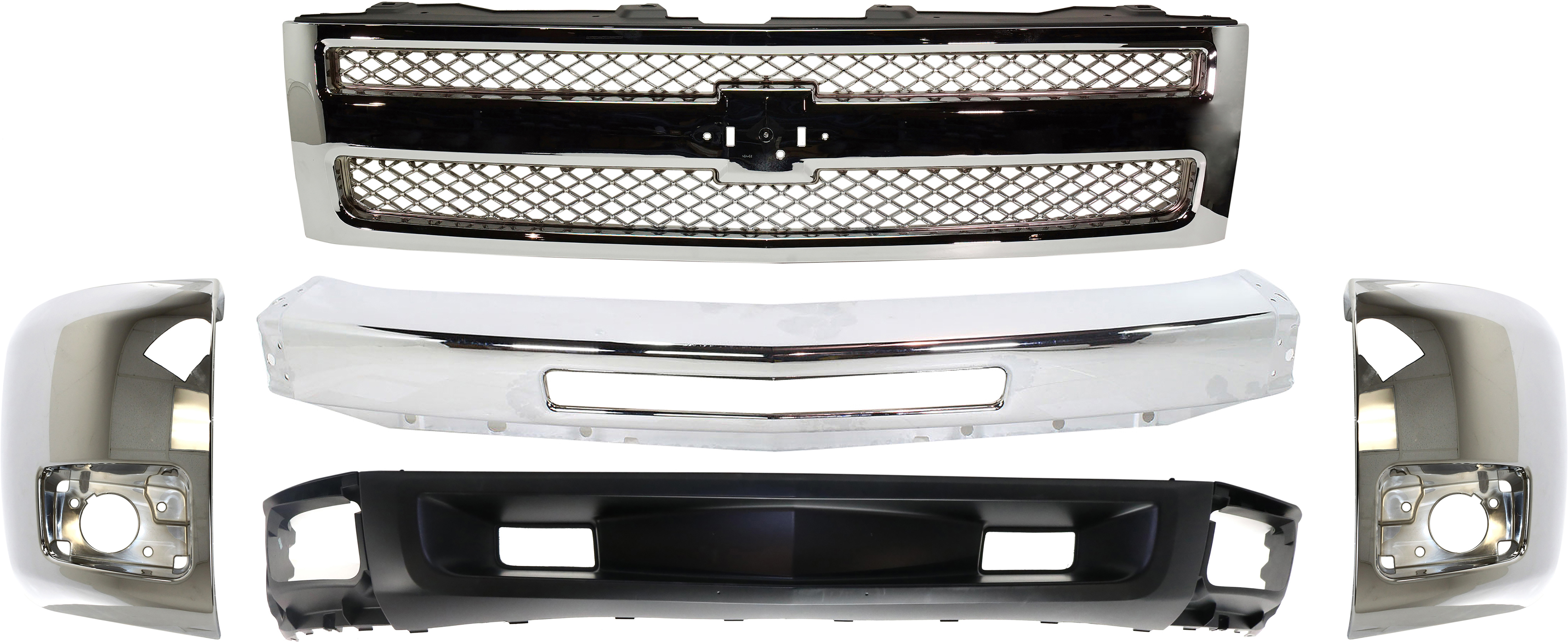 AM SILVERADO 1500-09-13 GRILLE 5 pc Kit w Fog Lights w Tow Hook Holes with Bumper Bumper Ends and Lower Air Deflector SKU KIT 050717-90 Partslink GM1200655 GM1002831 GM1004156 GM1005156 GM1092246 OEM 22849840-15941850-20985757-209