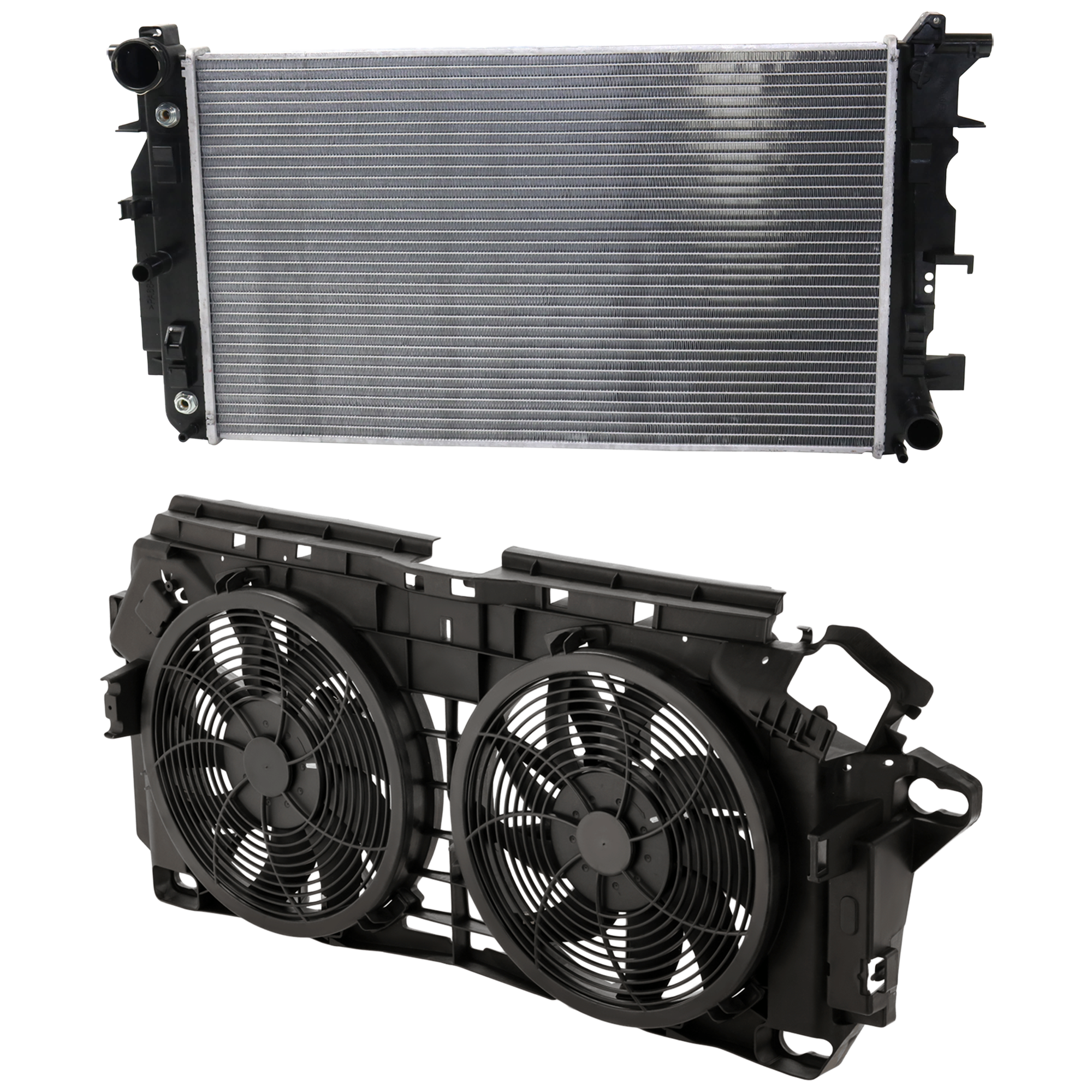 AM MERCEDES BENZ SPRINTER 10-18 RADIATOR 2 pc Kit with Cooling Fan Assembly SKU KIT 050726-27 Partslink MB3010169 MB3113100 OEM 9065001402-9065001502-68013630