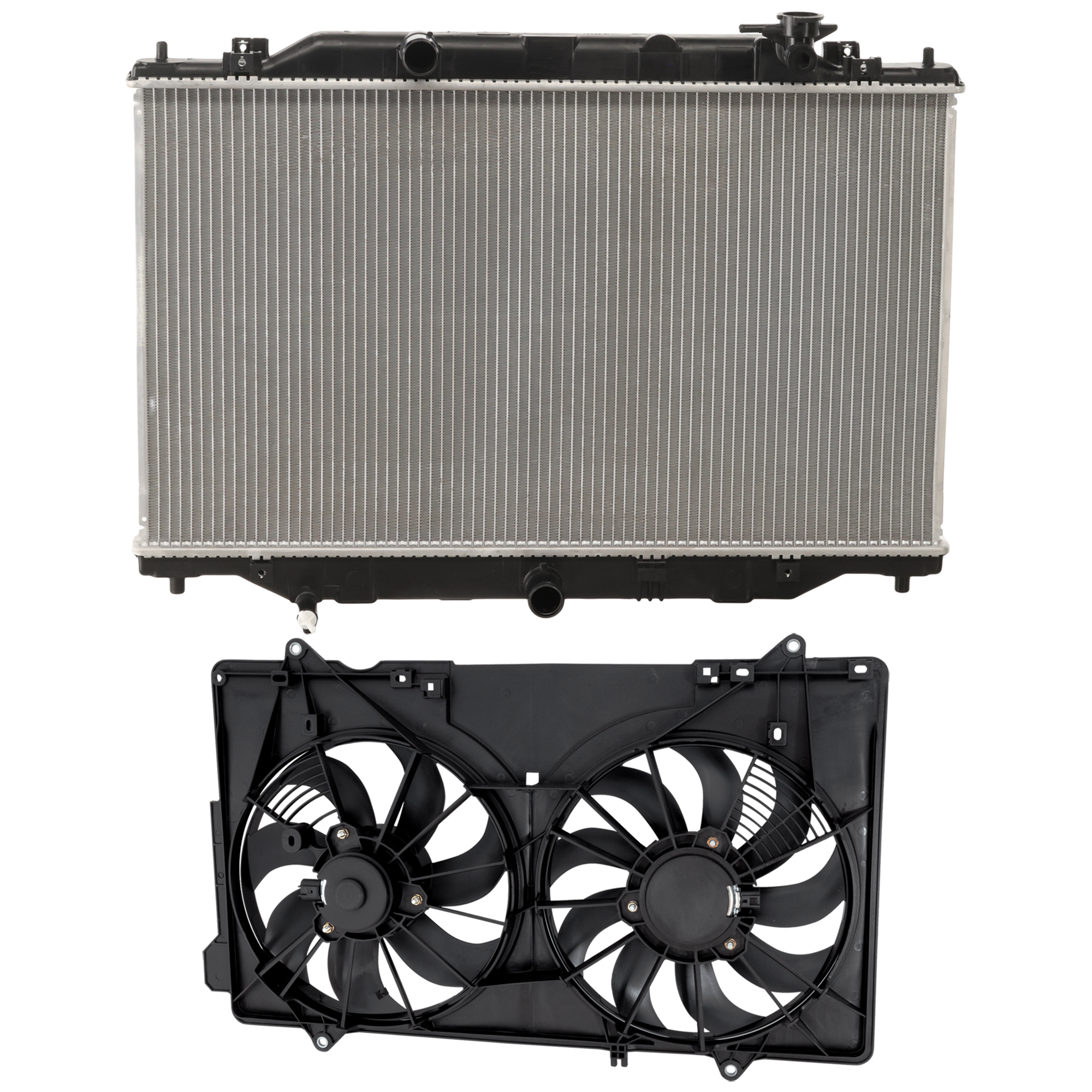 AM CX 5-17-25 RADIATOR 2 pc Kit 2.5L Eng. Non Turbo with Cooling Fan Assembly SKU KIT 050726-29 Partslink MA3010244 MA3115174 OEM PYFW15200 PYFV15025