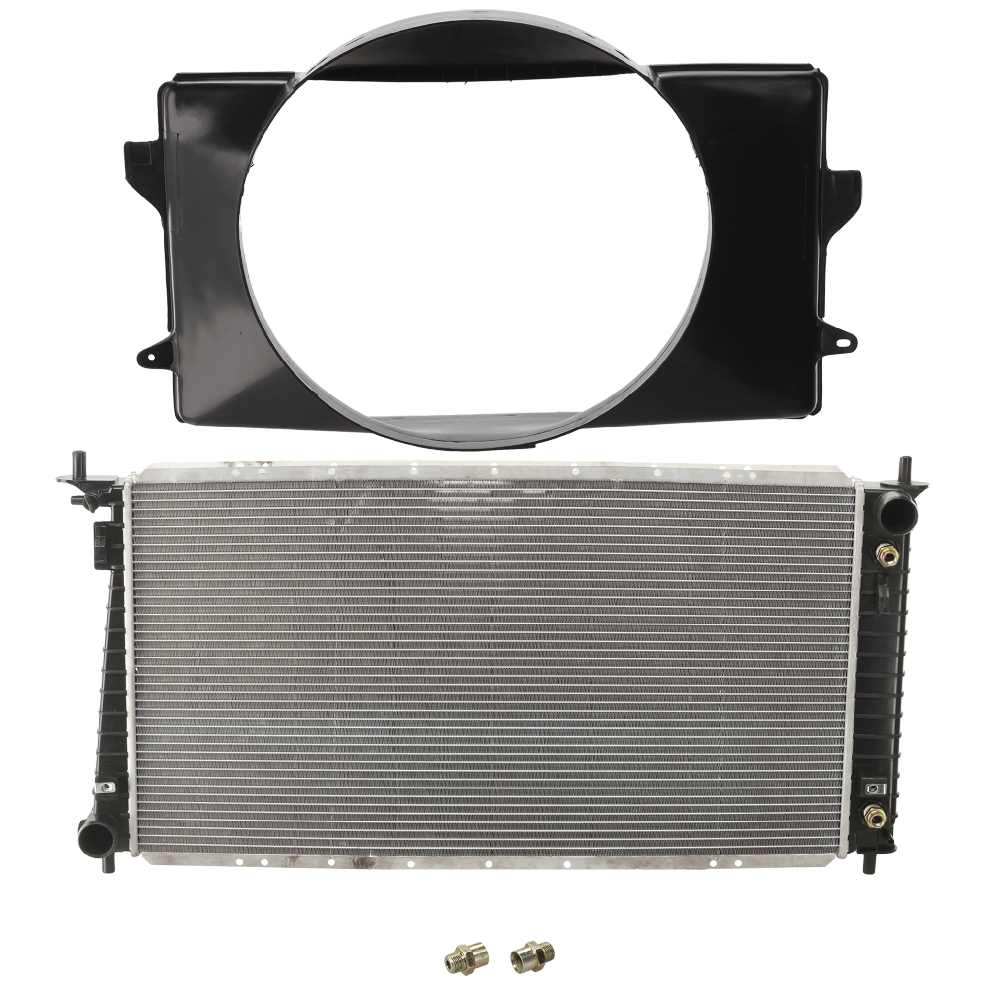 AM F 150 F 250-97-98 RADIATOR 2 pc Kit 4.6L Eng. Automatic Transmission with Fan Shroud SKU KIT 050726-31 Partslink FO3010160 FO3110110 OEM F75Z8005FA PFM F65Z8146BE