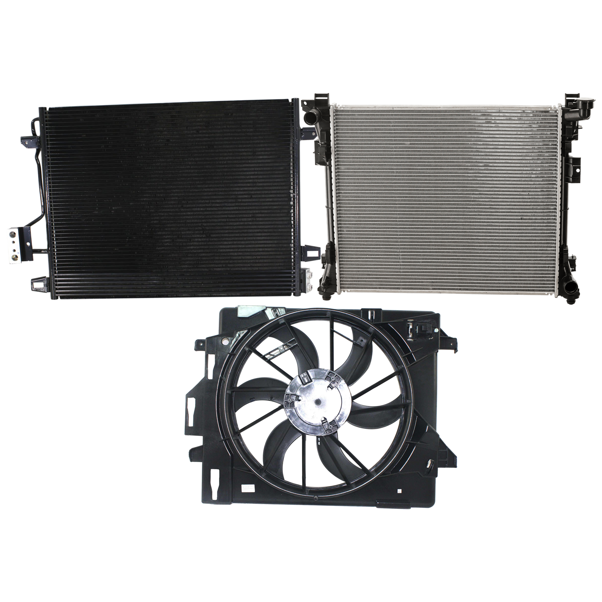 AM GRAND CARAVAN 08-19 TOWN COUNTRY 08-16 RADIATOR 3 pc Kit with A C Condenser and Cooling Fan Assembly SKU KIT 050726-56 Partslink CH3010345 CH3030231 CH3115157 OEM 4677755AE 7B0121251C 4677782AC