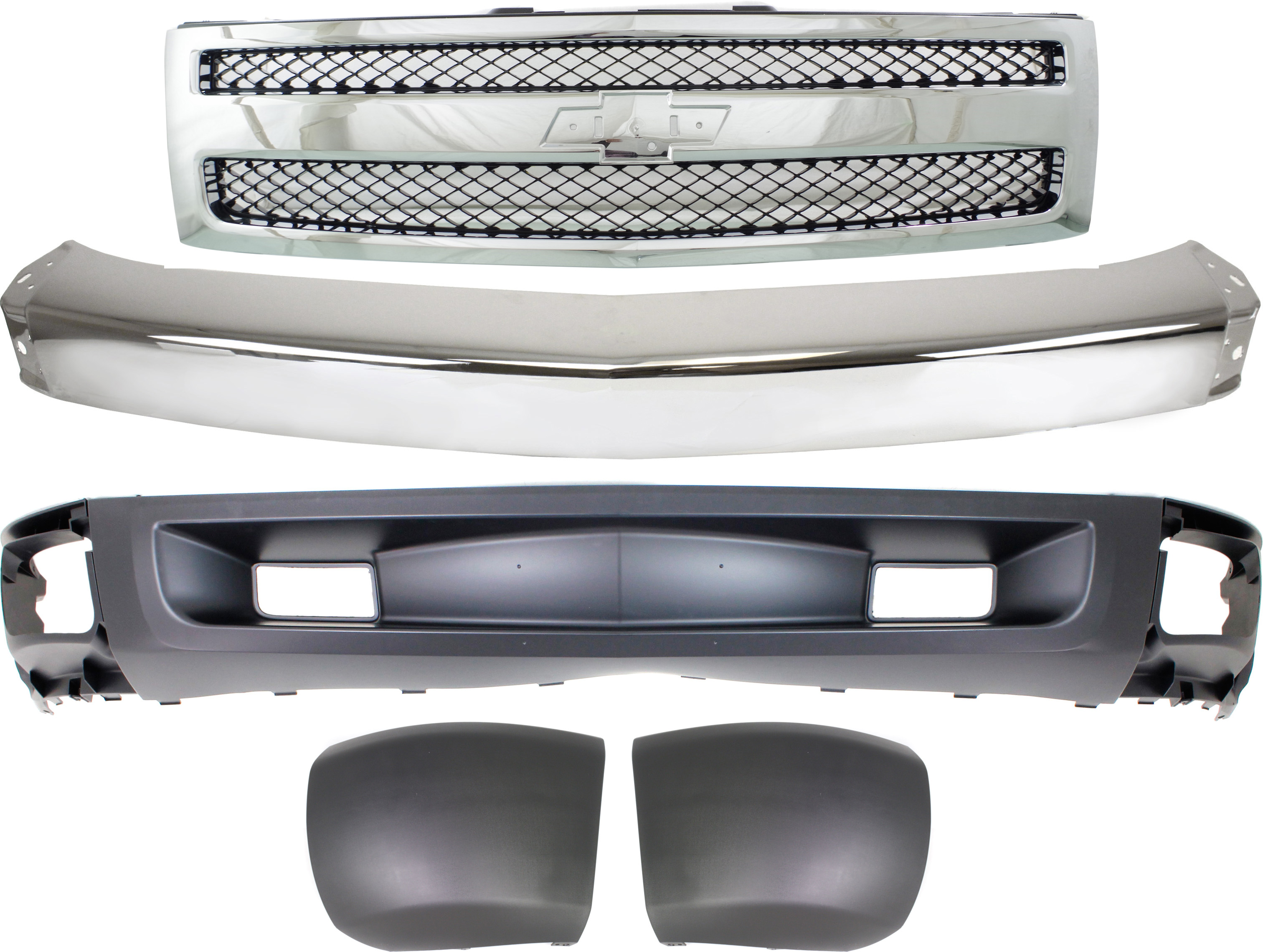 AM SILVERADO 1500-07-08 AUTO BODY REPAIR 5 pc kit with Bumper Bumper End Grille Assembly and Valance Excludes 2007 Classic SKU KIT 050817-44 Partslink GM1092246 GM1002830 GM1004146 GM1005146 GM1200572 OEM 20762570-15836961-15838397-158
