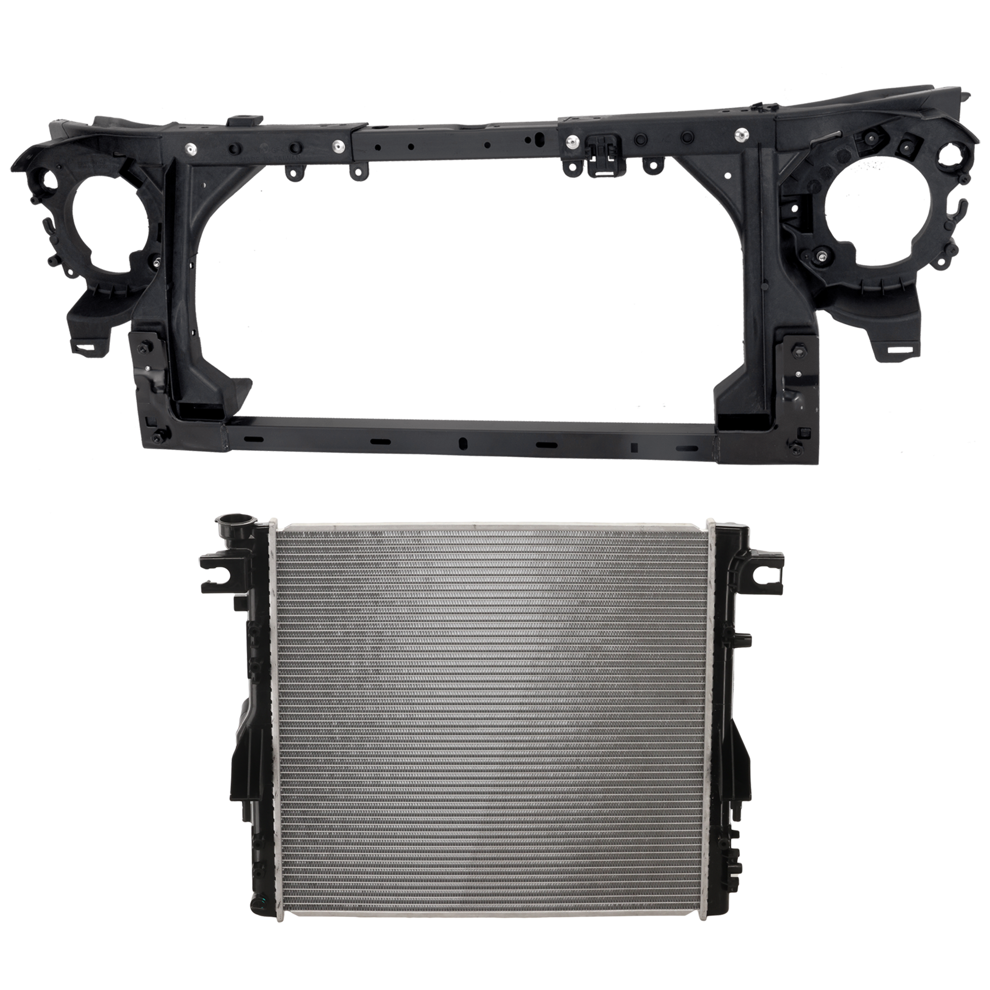 AM WRANGLER 07-17 WRANGLER JK 18-18 RADIATOR SUPPORT 2 pc Kit Assembly with Radiator SKU KIT 050826-04 Partslink CH1225213 CH3010343 OEM 55077976AC 55077976AF 68143886