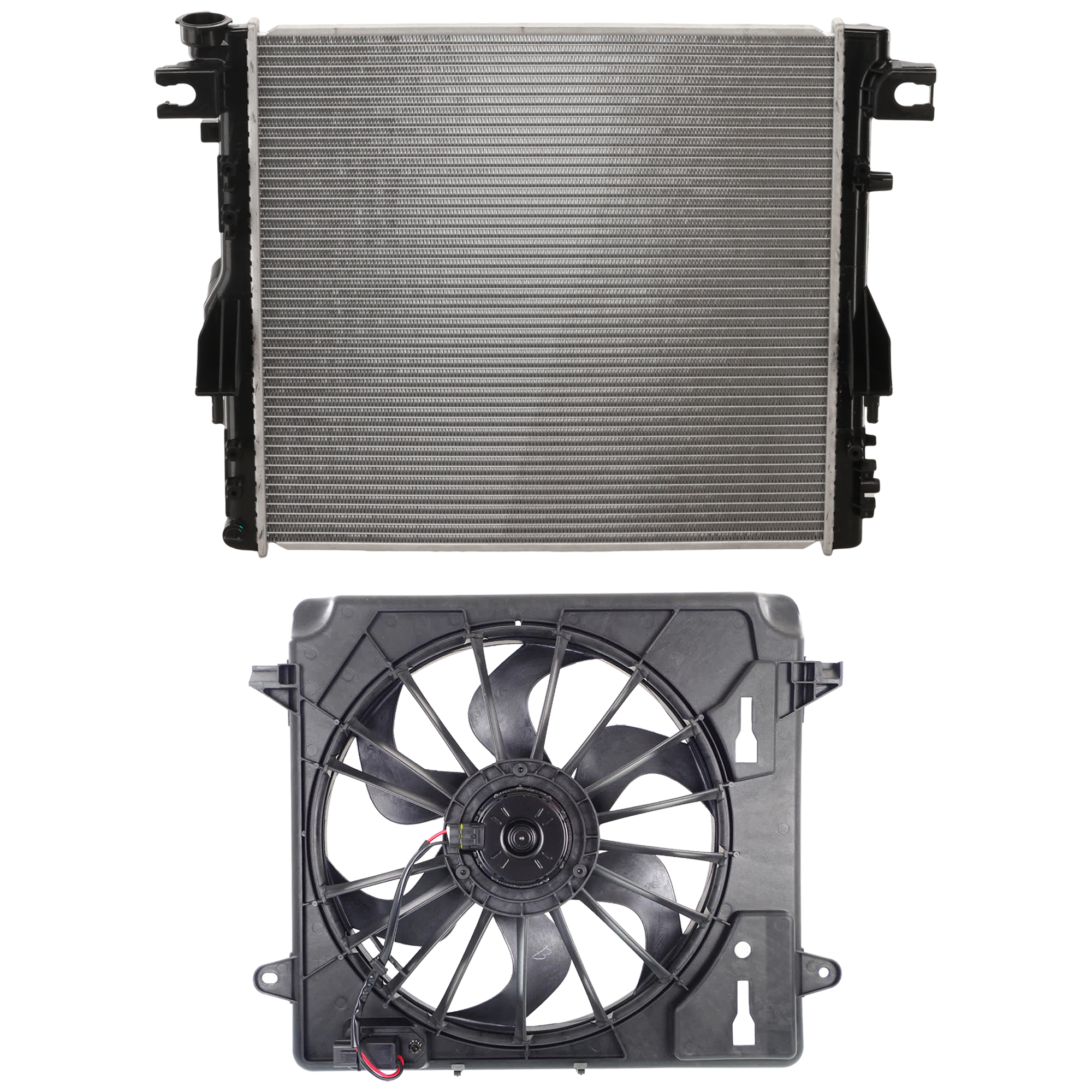 AM WRANGLER 07-11 RADIATOR 2 pc Kit with Cooling Fan Assembly SKU KIT 050826-08 Partslink CH3010343 CH3115167 OEM 68143886AA 55056634AB 68039594