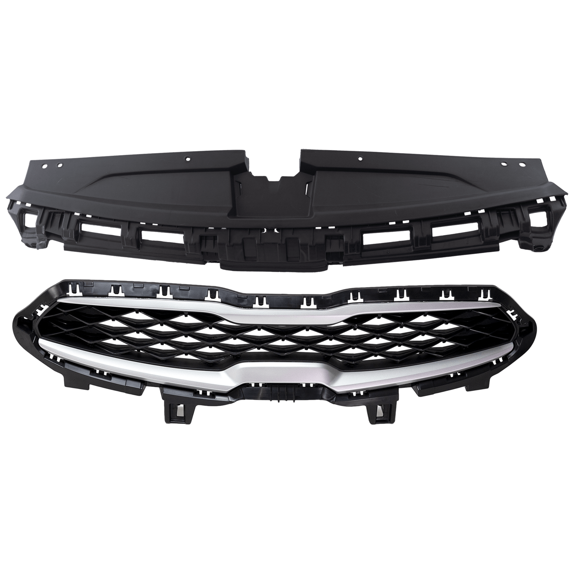 AM FORTE 19-21 GRILLE 2 pc Kit Chrome Shell Painted Black Insert EX S Models with Radiator Support Cover SKU KIT 050826-24 Partslink KI1200204 KI1224116 OEM 86350M7010-86370M7000