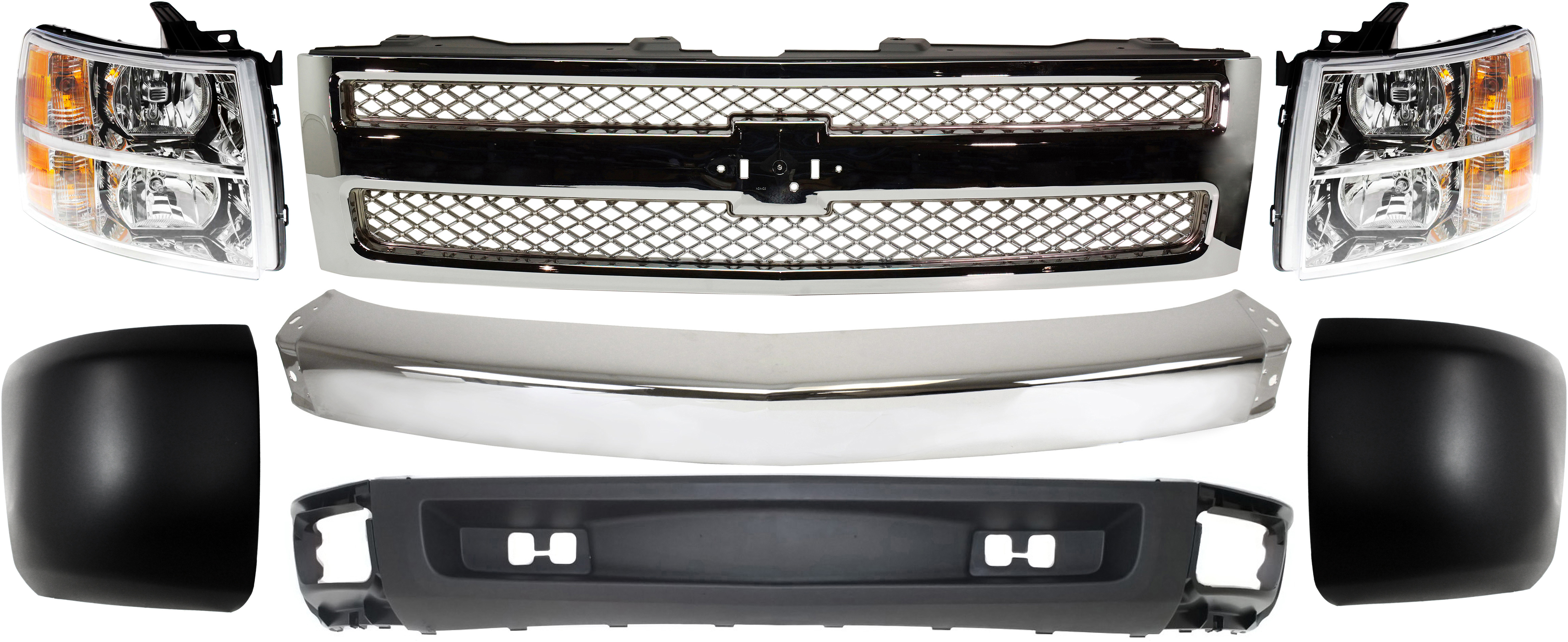 AM SILVERADO 1500-07-08 GRILLE 7 pc Kit with Bumper Bumper Ends Headlights and Lower Air Deflector SKU KIT 050917-60 Partslink GM1200655 GM1002830 GM1016103 GM1017103 GM2502280 GM2503280 GM1092192 OEM 22849840-15836961-15891690-158