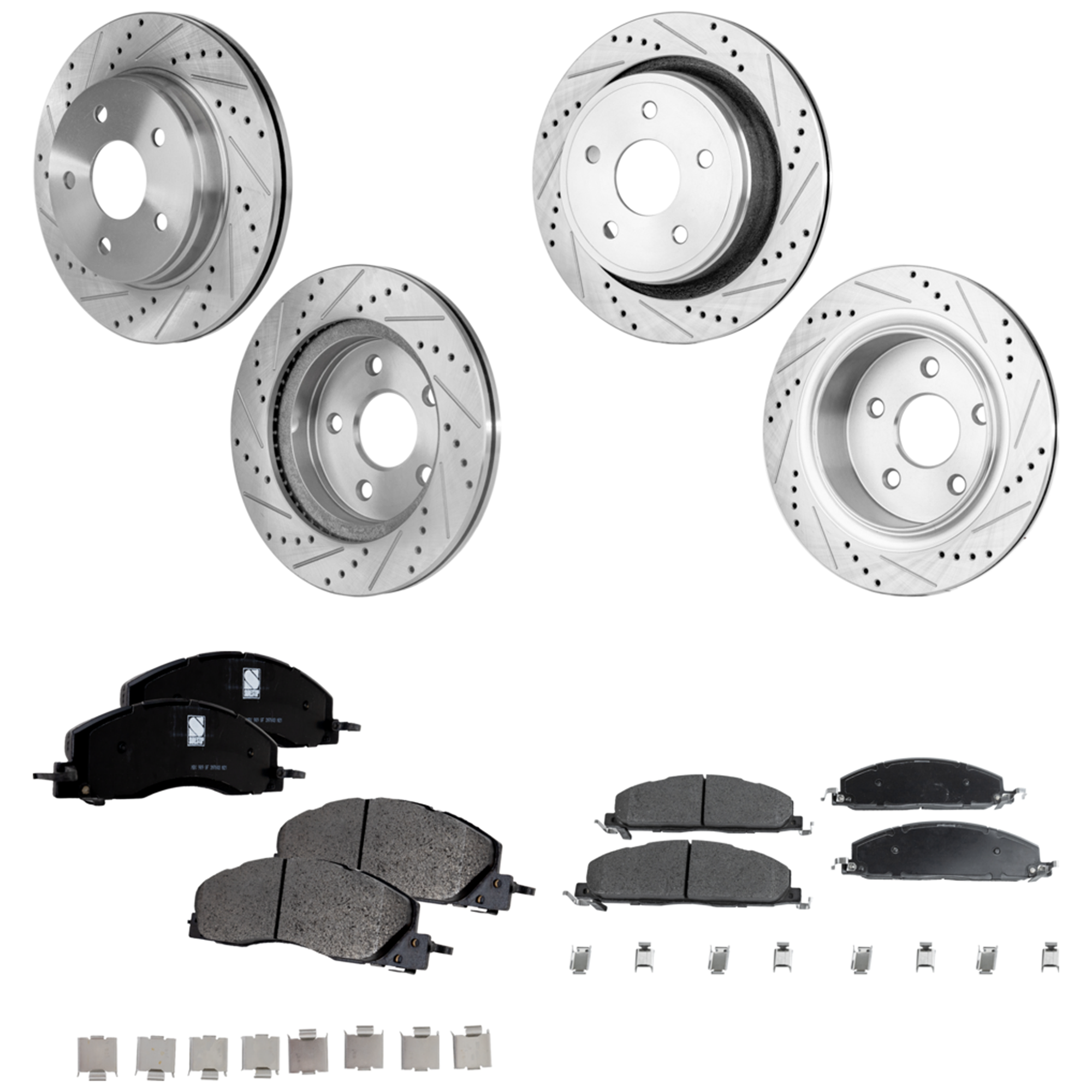 AM RAM 1500-12-12 FRONT AND REAR BRAKE DISC AND PAD KIT 8 pc Kit Cross drilled and Slotted SKU KIT 050923-11 OEM 19335-53006-67054-145365-49118