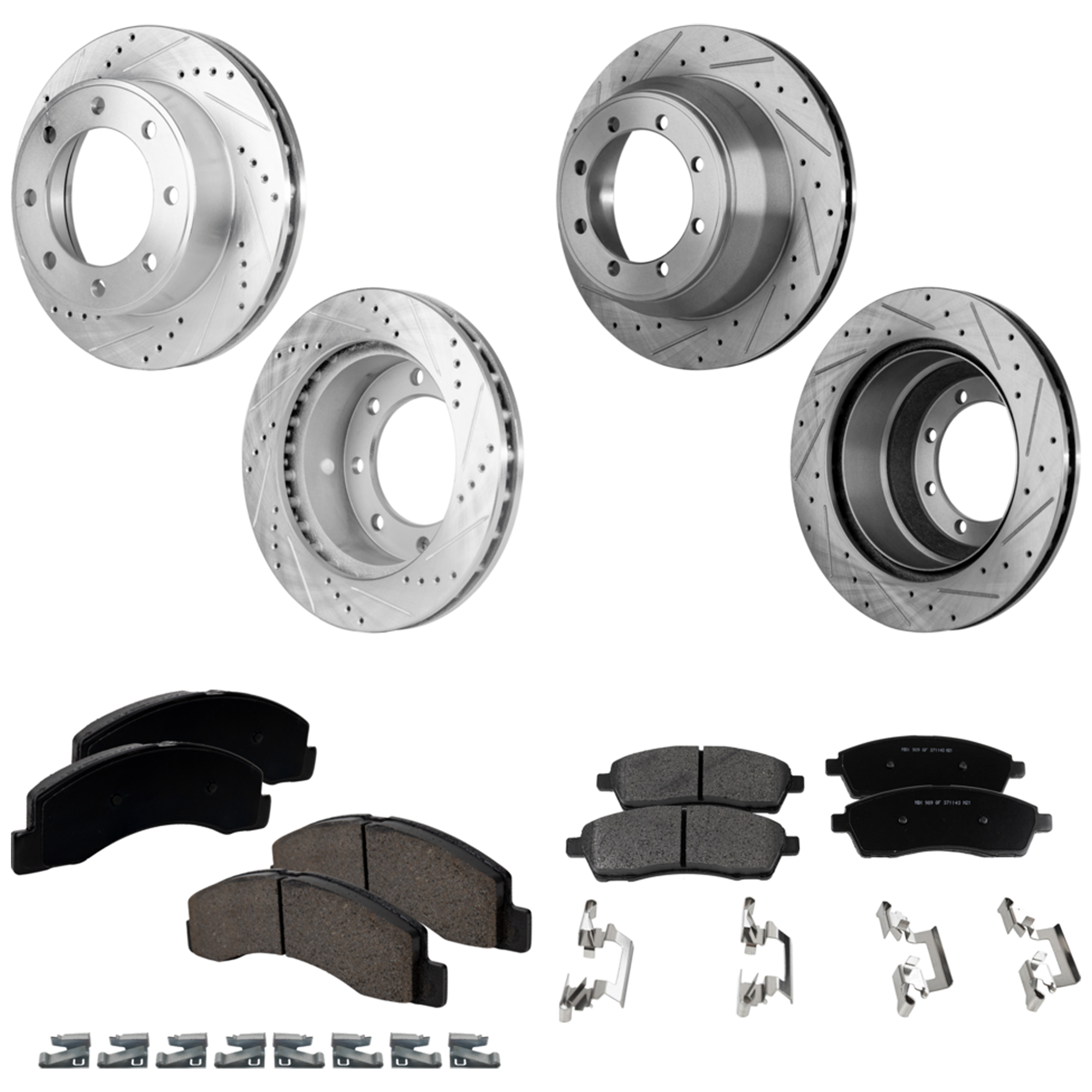 AM F 350 SUPER DUTY 99-04 FRONT AND REAR BRAKE DISC AND PAD KIT 8 pc kit Cross drilled and Slotted SKU KIT 050923-30 OEM 54084-102023-145280-1066824-52