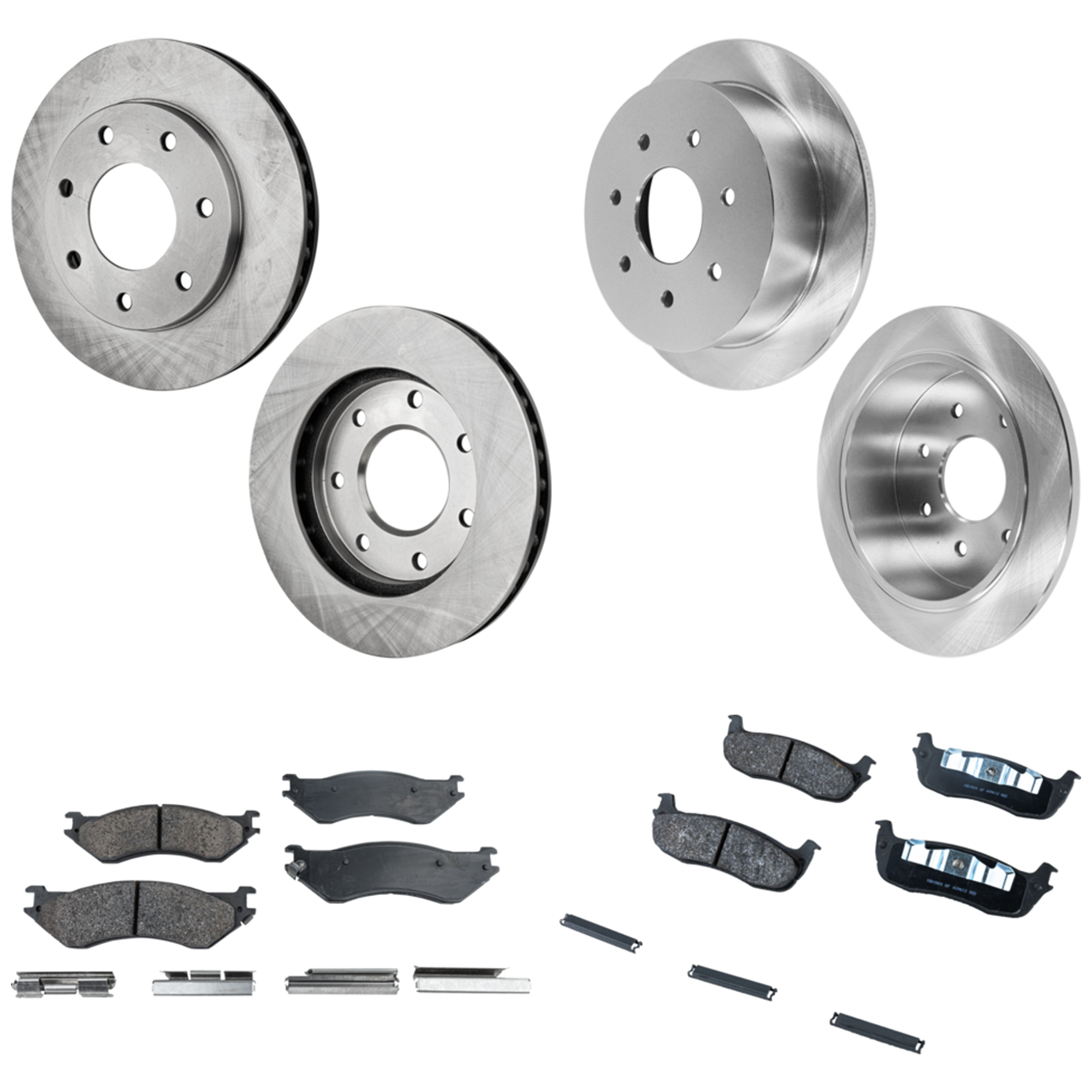 AM F 150-00-03 F 150 HERITAGE 04-04 FRONT AND REAR BRAKE DISC AND PAD KIT 8 pc kit SKU KIT 050923-42 OEM F75Z1125AC XL3Z1125BA F75Z2C02