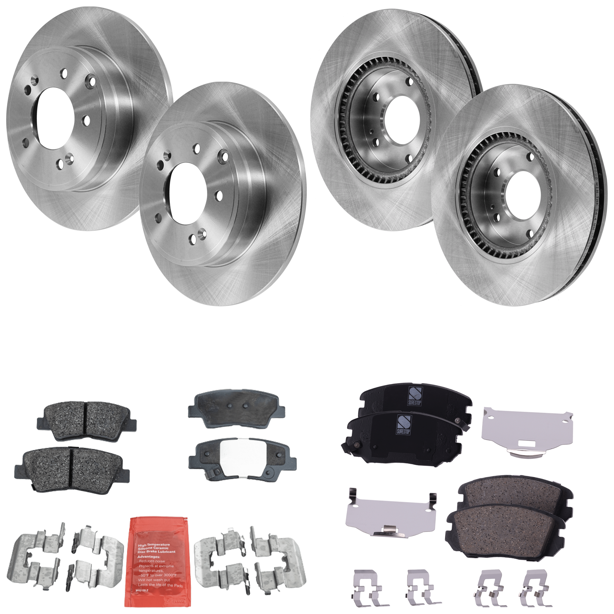 AM SONATA 08-10 FRONT AND REAR BRAKE DISC AND PAD KIT 4 Wheel Set SKU KIT 050923-57 OEM 517123K100-584110A100-583023FA