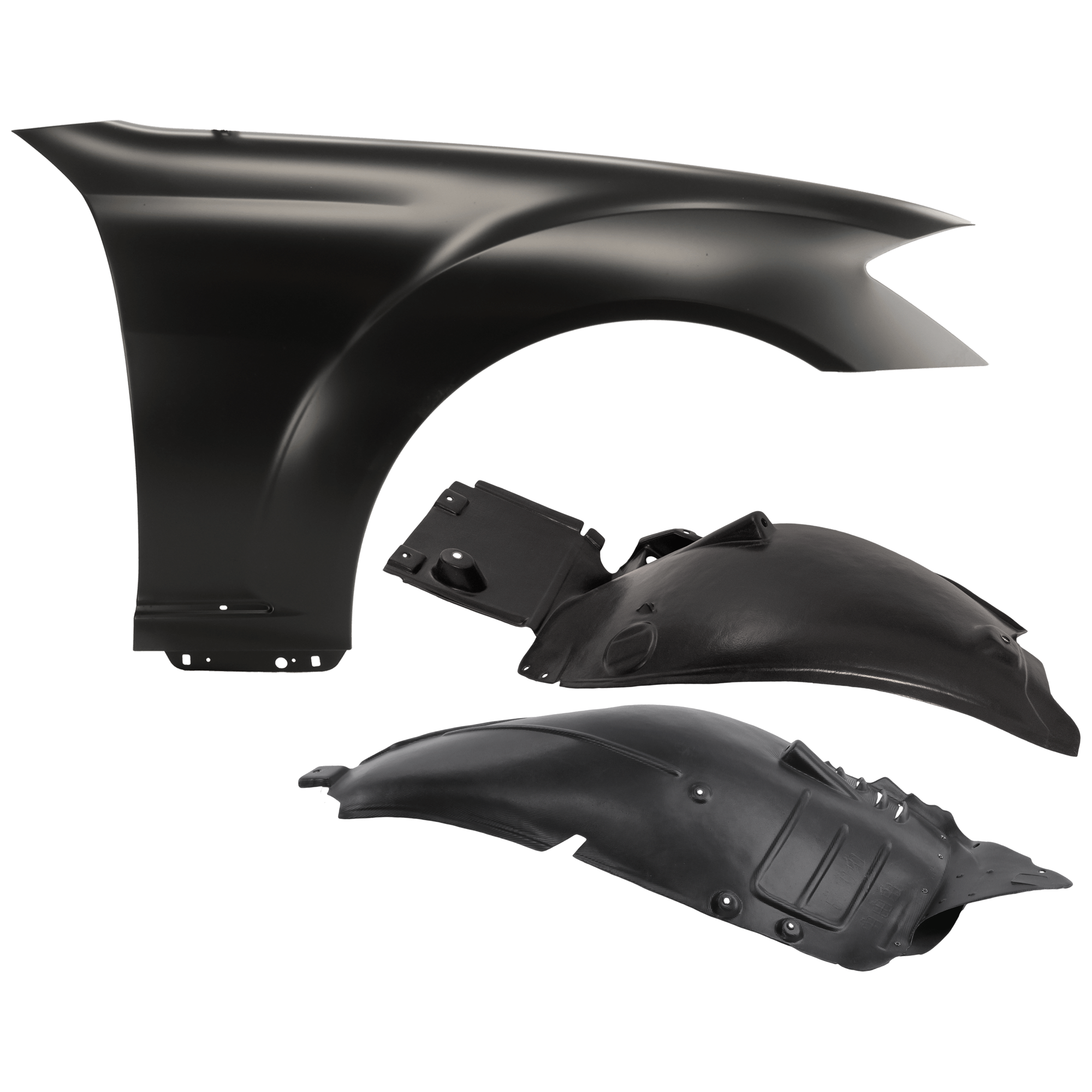 AM S400-10-13 FRONT FENDER RH 3 pc Kit Primed with Fender Liners SKU KIT 050926 AE1005 Partslink MB1241137 MB1249159 MB1249144 OEM 2218800218 PFM 2216903430-2216