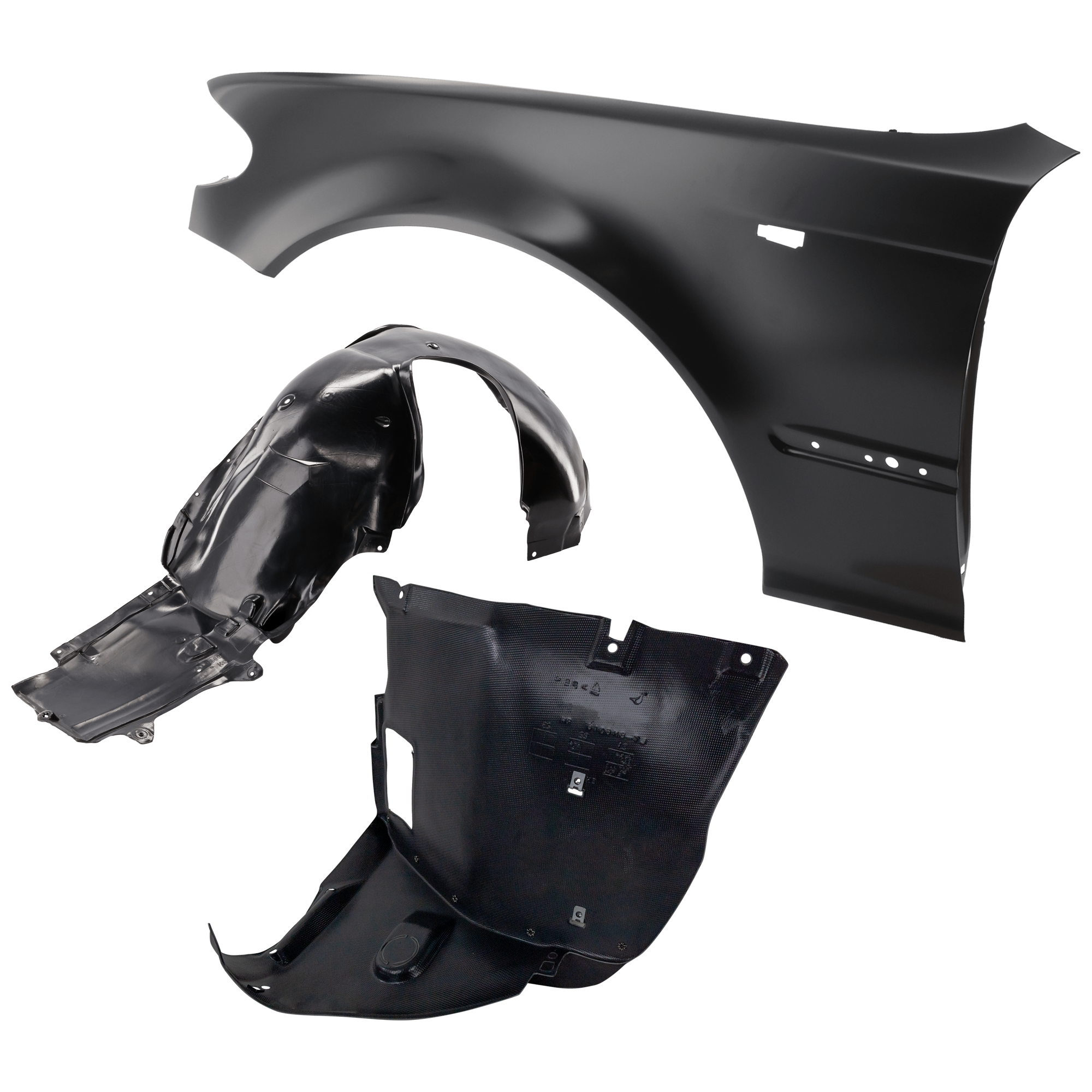 AM 320I 325I 330I 02-05 FRONT FENDER LH 3 pc Kit Primed with Fender Liners SKU KIT 050926 AE1008 Partslink BM1240129 BM1250106 BM1250103 OEM 41357042323-51718193811-517170