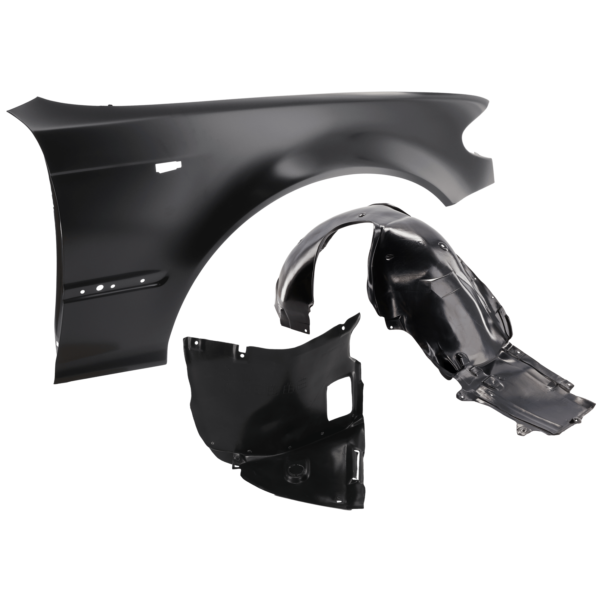 AM 320I 325I 330I 02-05 FRONT FENDER RH 3 pc Kit Primed with Fender Liners SKU KIT 050926 AE1013 Partslink BM1241129 BM1251106 BM1251103 OEM 41357042324-51718193812-517170