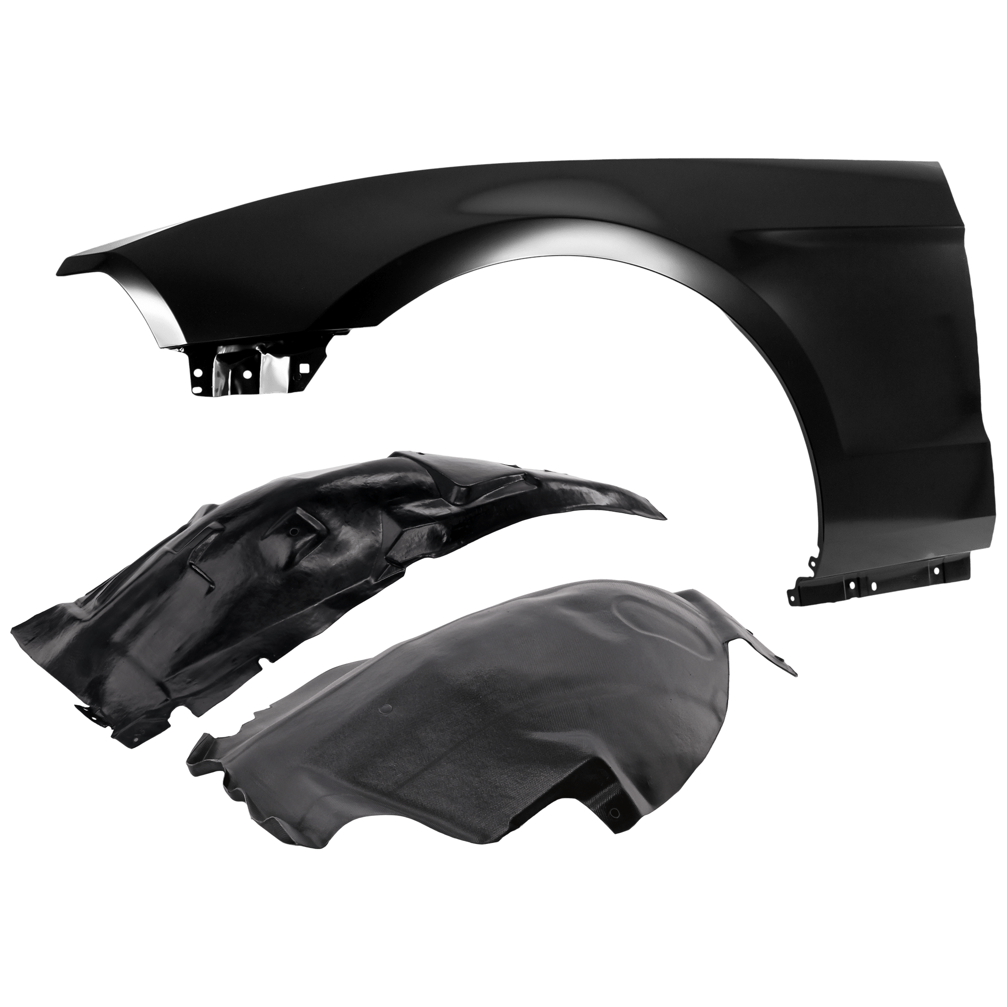 AM MUSTANG 10-14 FRONT FENDER LH 3 pc Kit Primed with Fender Liners SKU KIT 050926 AE1018 Partslink FO1240281 FO1248142 FO1248141 OEM AR3Z16006A AR3Z16103B AR3Z1610
