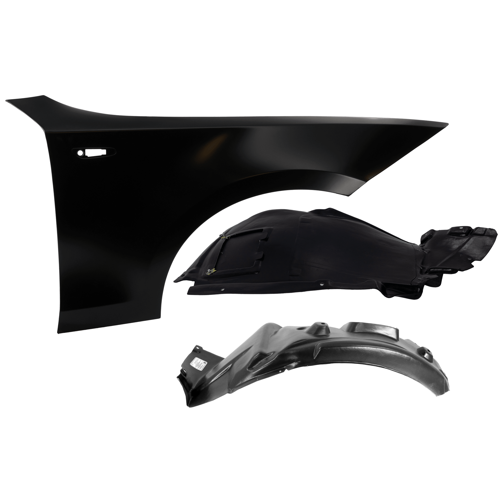 AM 128I 135I 08-13 FRONT FENDER RH 3 pc Kit Primed with Fender Liners SKU KIT 050926 AE1020 Partslink BM1241144 BM1249107 BM1249104 OEM 41357133228-51717207650-511180