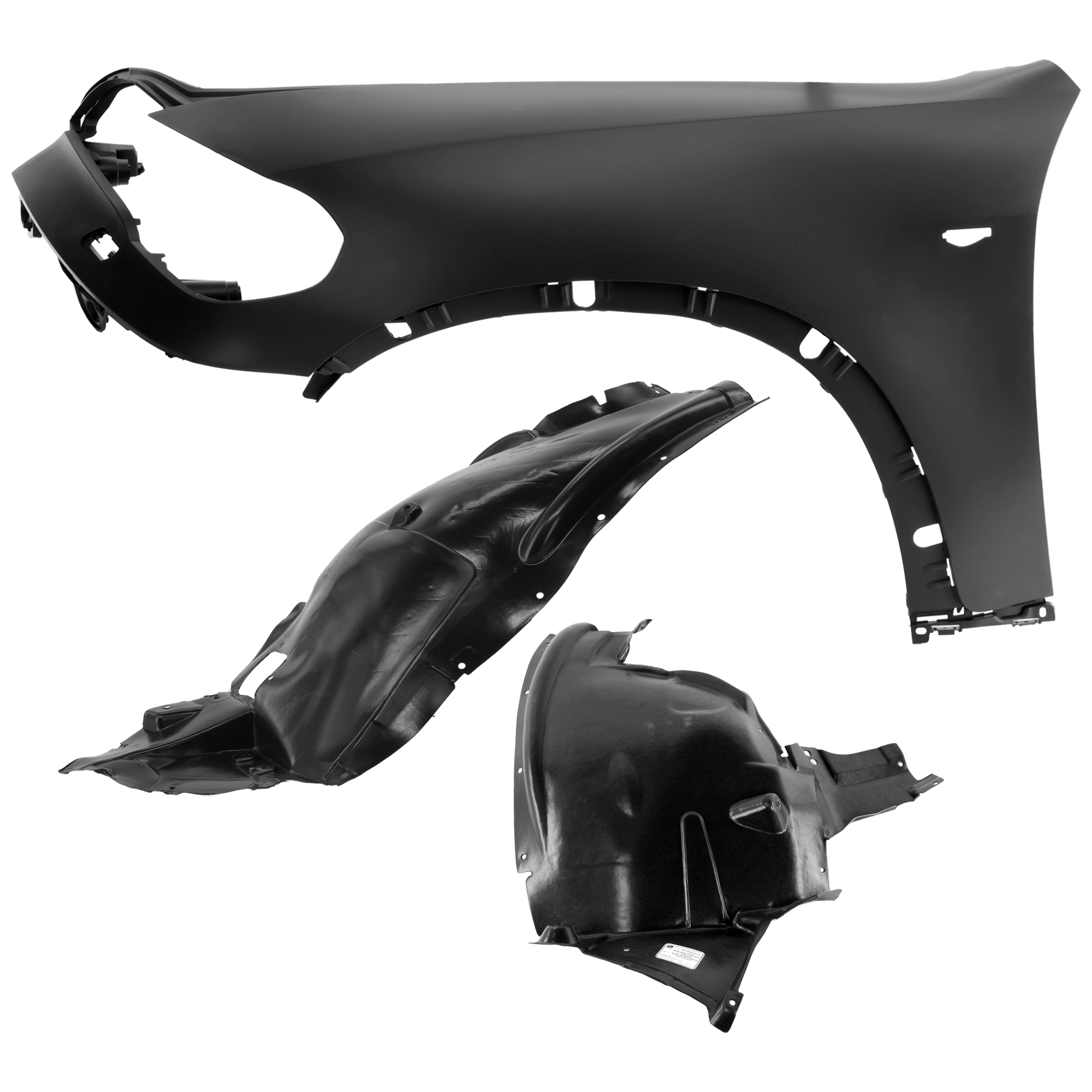AM X5-11-13 FRONT FENDER LH 3 pc Kit Primed with Fender Liners SKU KIT 050926 AE1085 Partslink BM1240159 BM1248137 BM1248109 OEM 51657222995-51717234831 PFM 51
