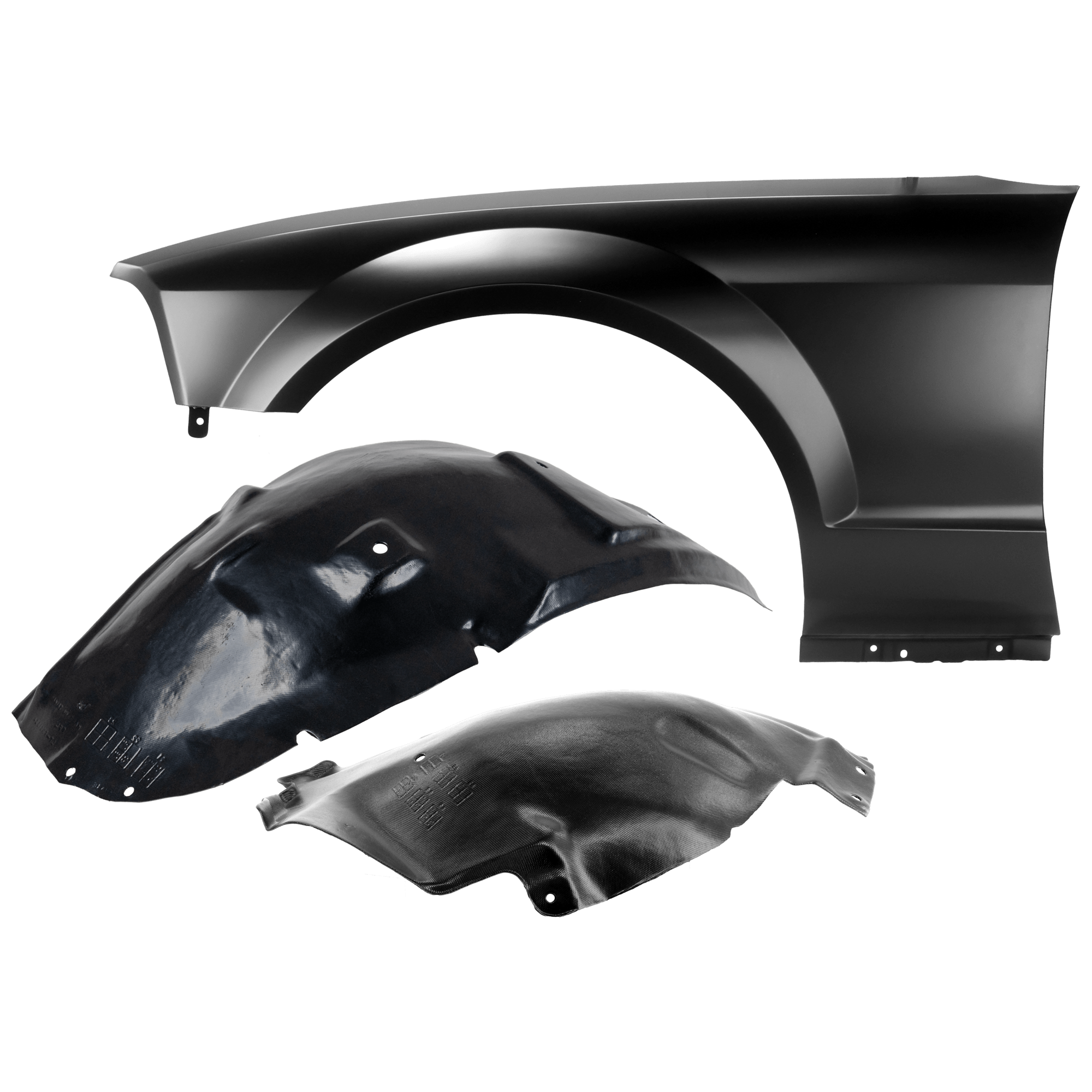 AM MUSTANG 05-09 FRONT FENDER LH 3 pc Kit Primed with Fender Liners SKU KIT 050926 AE1087 Partslink FO1240245 FO1250127 FO1250128 OEM 5R3Z16006AA 5R3Z16103AB 5R3Z16