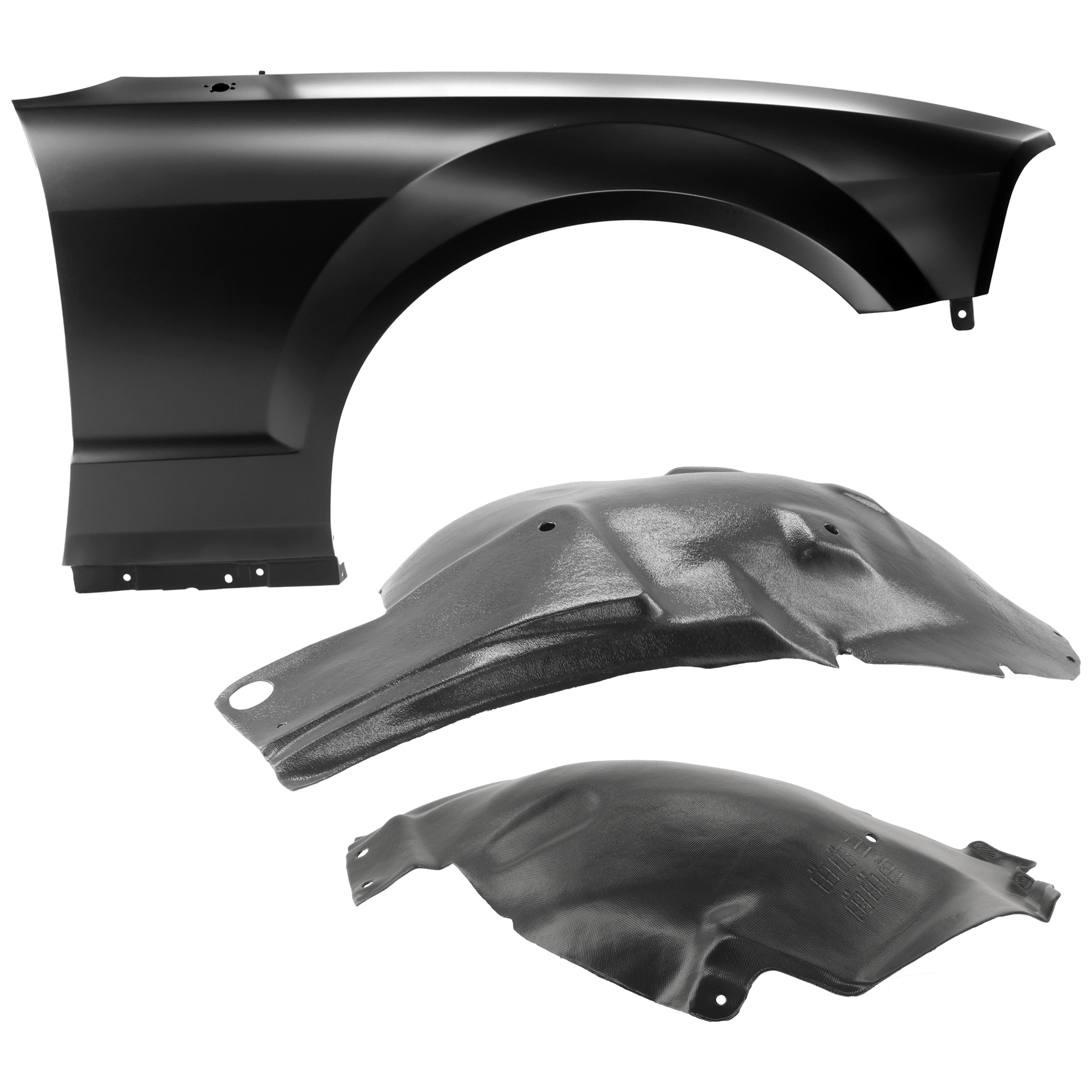 AM MUSTANG 05-09 FRONT FENDER RH 3 pc Kit Primed with Fender Liners SKU KIT 050926 AE1089 Partslink FO1241245 FO1251128 FO1251129 OEM 5R3Z16005AA 5R3Z16102AB 5R3Z16