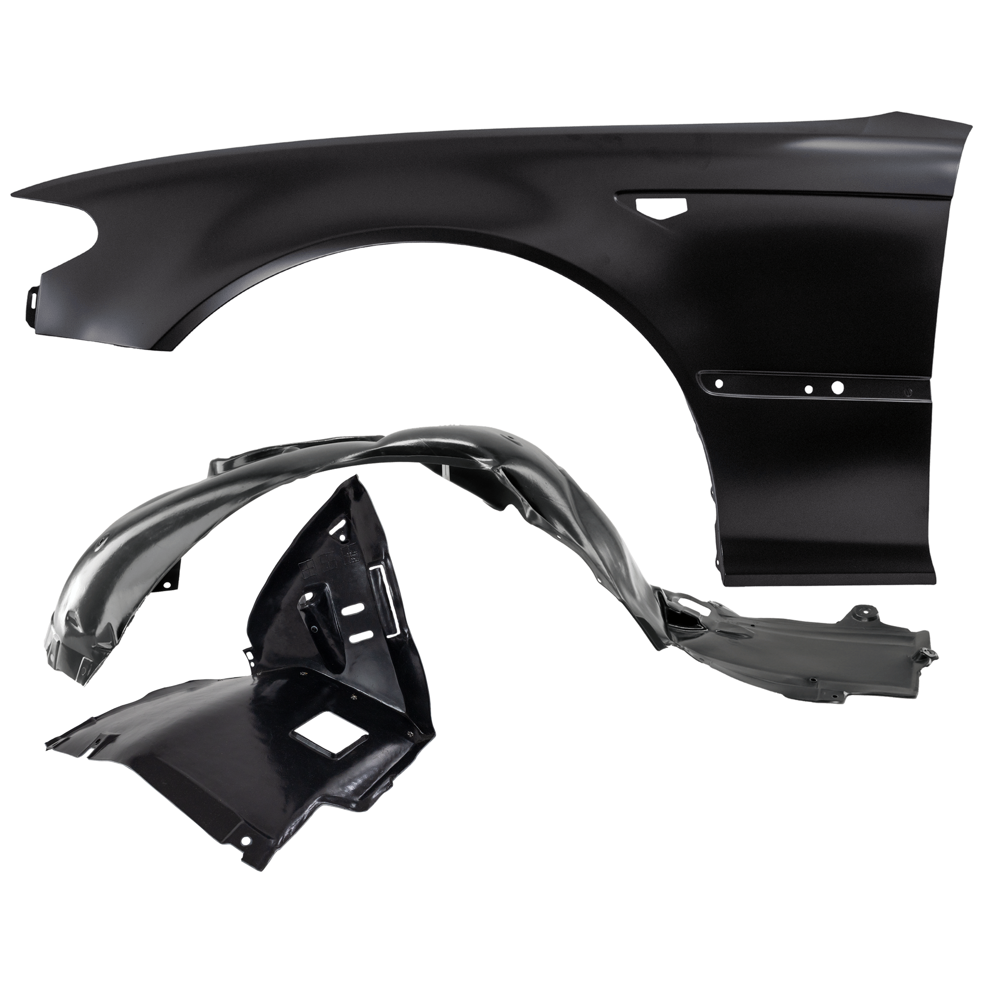 AM 325CI 330CI 03-06 FRONT FENDER LH 3 pc Kit Primed with Fender Liners SKU KIT 050926 AE1092 Partslink BM1240139 BM1248101 BM1250108 OEM 41347065263-51718268345-517182