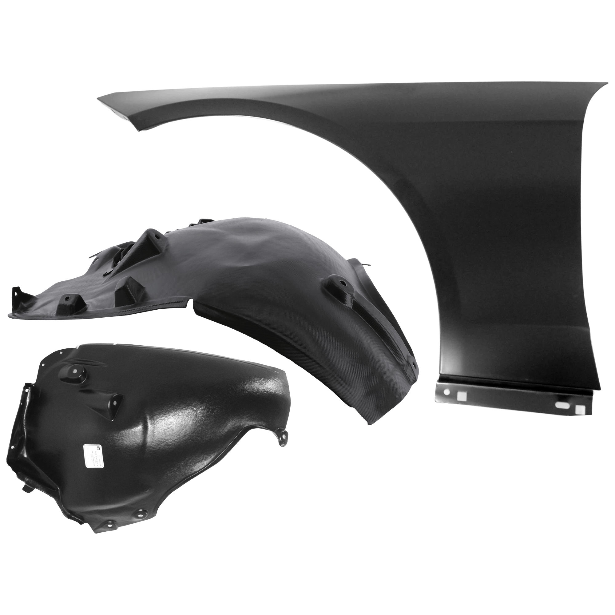 AM E350-06-09 FRONT FENDER LH 3 pc Kit Primed with Fender Liners SKU KIT 050926 AE1095 Partslink MB1240131 MB1248152 MB1248151 OEM 2118801318 PFM 2116902130-2116