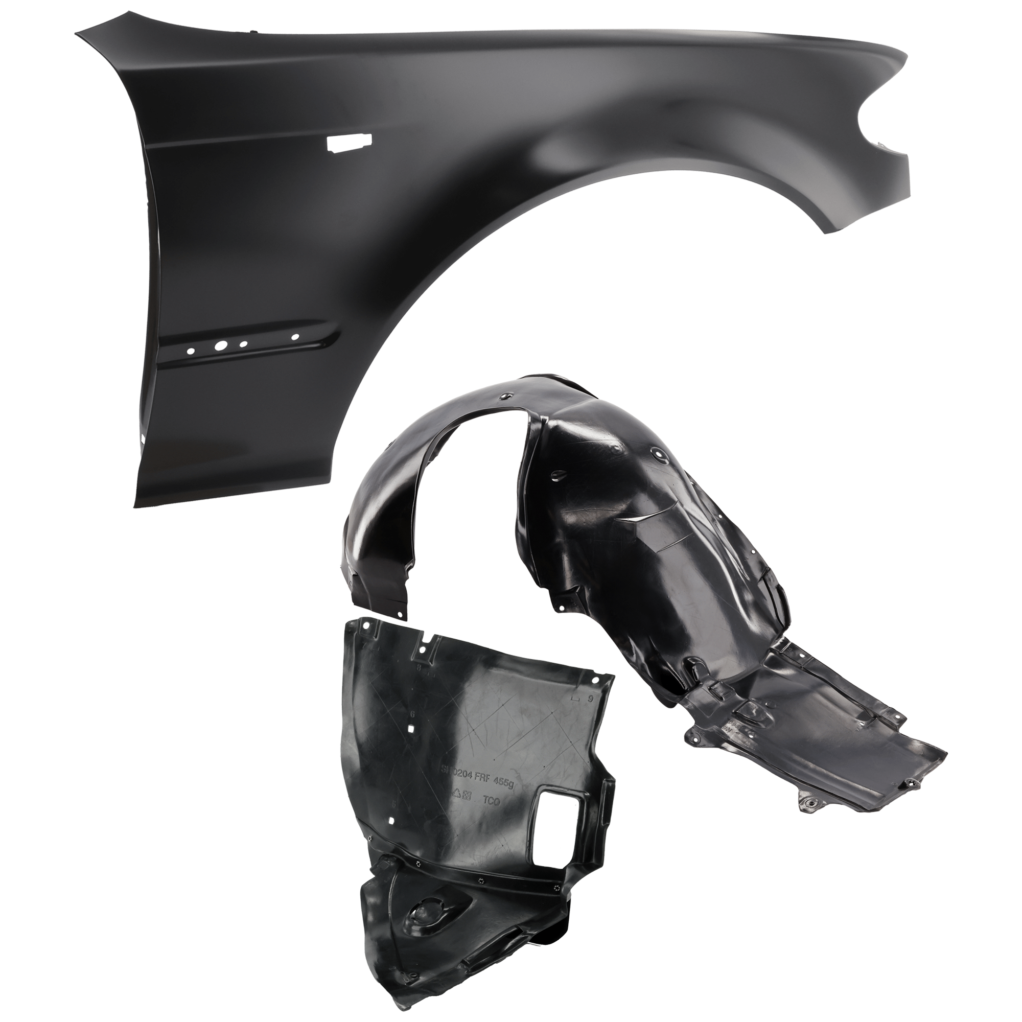 AM 325XI 330XI 02-05 FRONT FENDER RH 3 pc Kit Primed with Fender Liners SKU KIT 050926 AE1105 Partslink BM1241129 BM1251109 BM1251103 OEM 41357042324-51718265468-517170