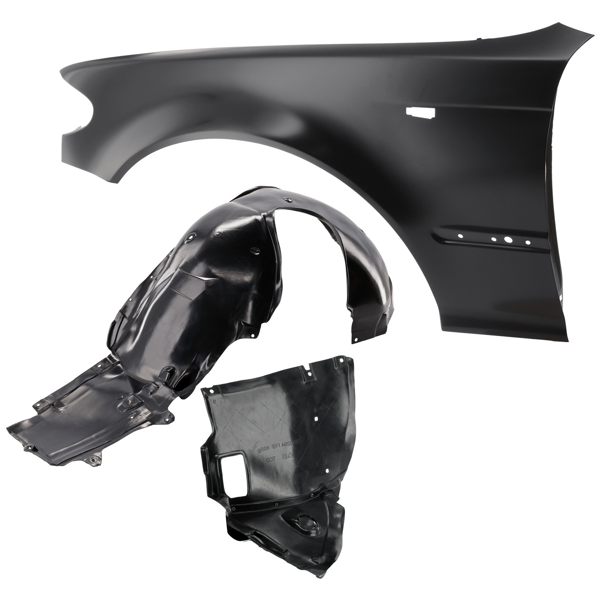 AM 325XI 330XI 02-05 FRONT FENDER LH 3 pc Kit Primed with Fender Liners SKU KIT 050926 AE1106 Partslink BM1240129 BM1250109 BM1250103 OEM 41357042323-51718265467-517170