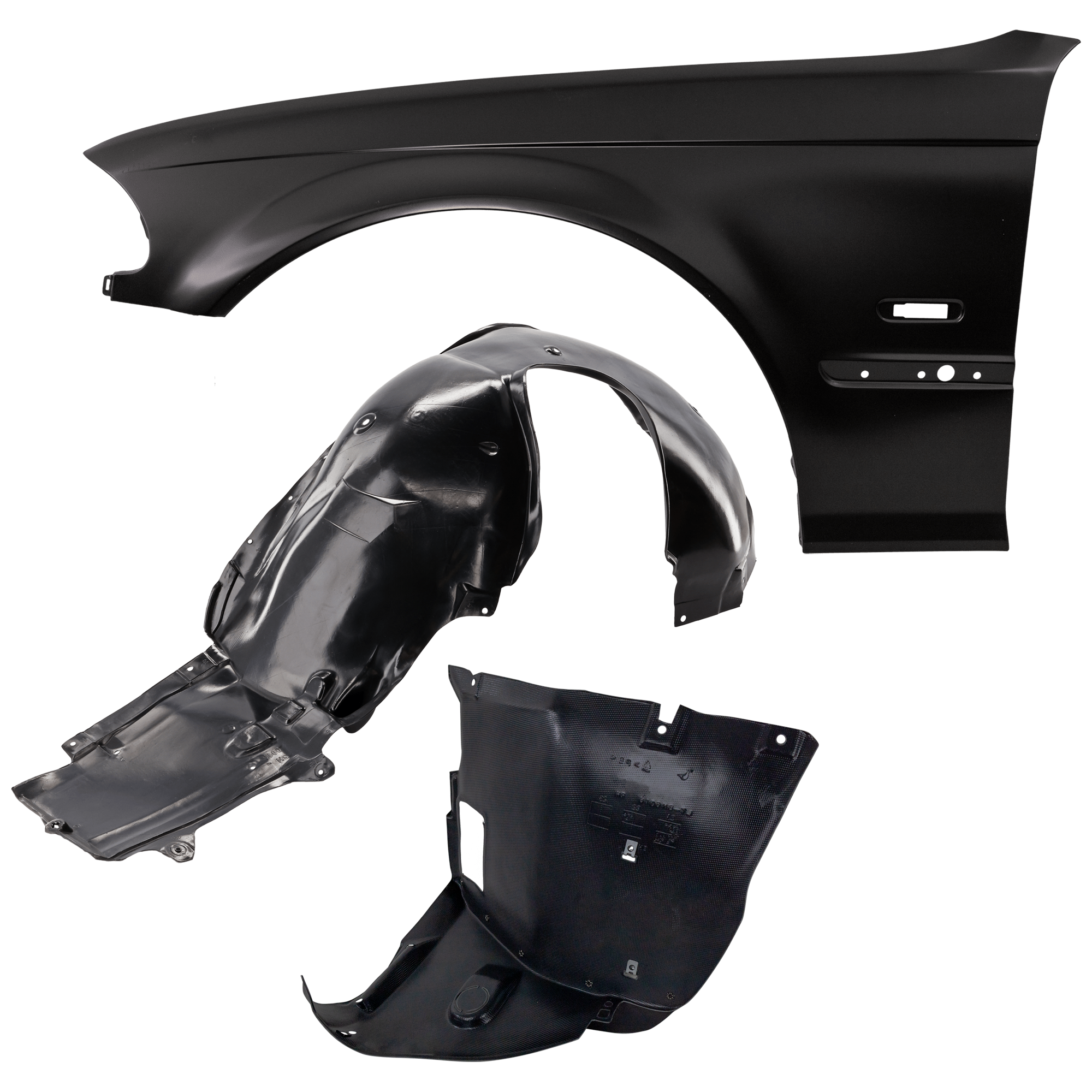 AM 323I 328I 99-00 FRONT FENDER LH 3 pc Kit Primed with Fender Liners SKU KIT 050926 AE1110 Partslink BM1240122 BM1250106 BM1250103 OEM 41358240405-51718193811-517170
