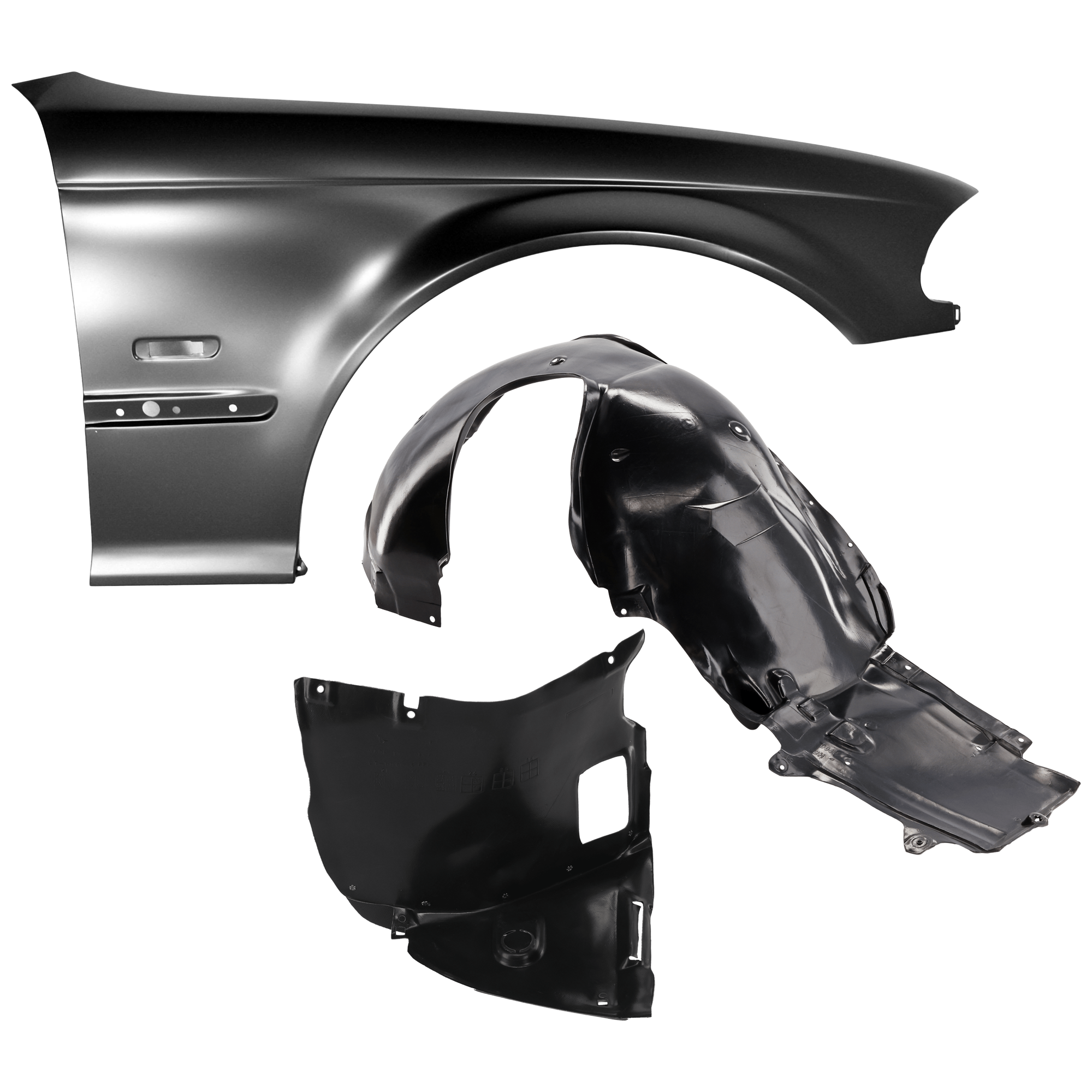 AM 323I 328I 99-00 FRONT FENDER RH 3 pc Kit Primed with Fender Liners SKU KIT 050926 AE1118 Partslink BM1241122 BM1251106 BM1251103 OEM 41358240406-51718193812-517170