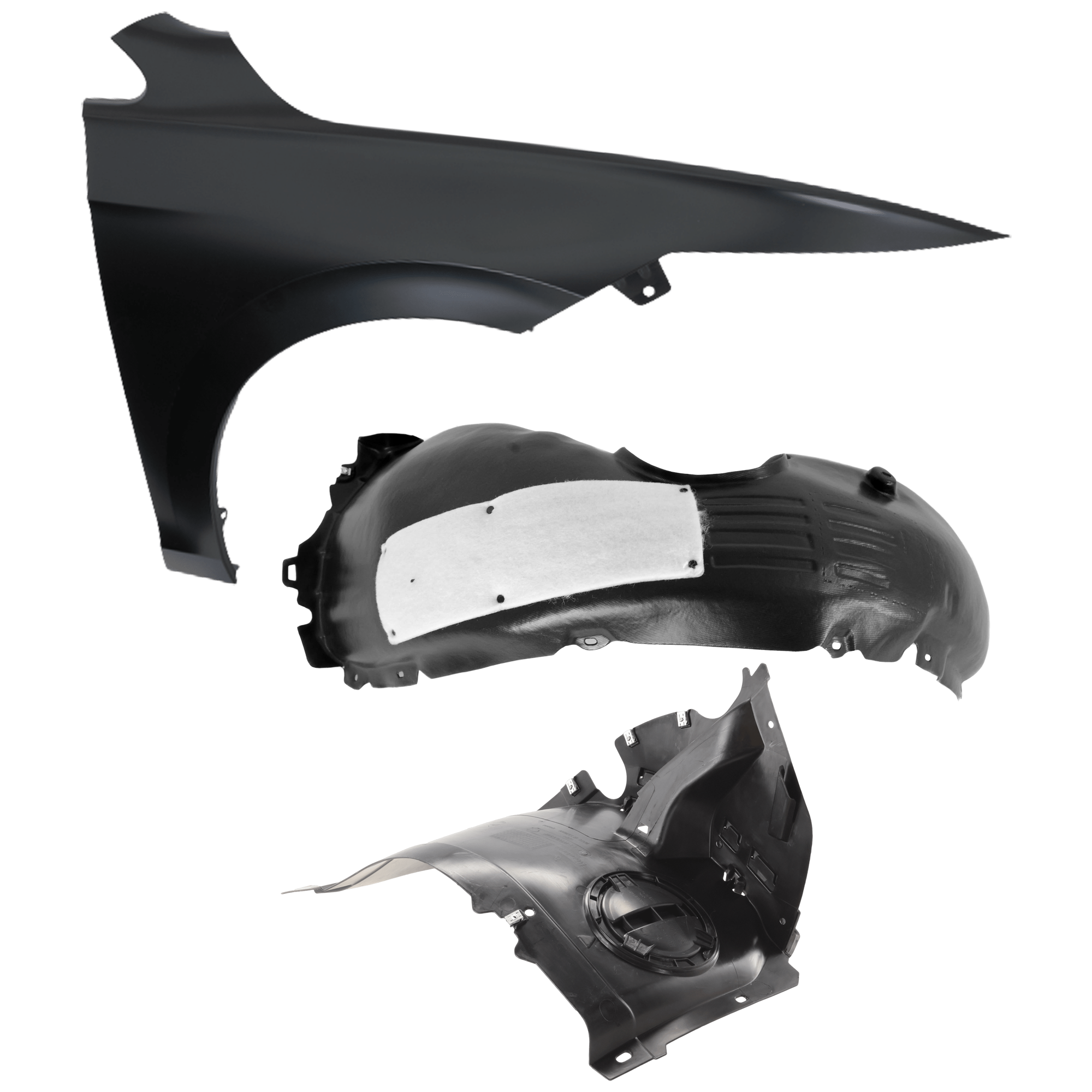 AM GOLF 20-21 FRONT FENDER RH 3 pc Kit Primed with Fender Liners SKU KIT 050926 AE1129 Partslink VW1241159 VW1249148 VW1249146 OEM 5H0821022A 5G0805912S 5G080597