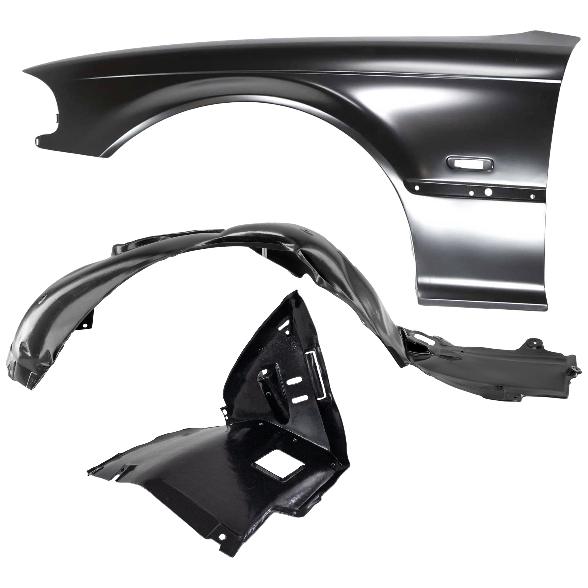 AM 325CI 330CI 01-02 FRONT FENDER LH 3 pc Kit Primed with Fender Liners SKU KIT 050926 AE1130 Partslink BM1240125 BM1248101 BM1250108 OEM 41358241439-51718268345-517182