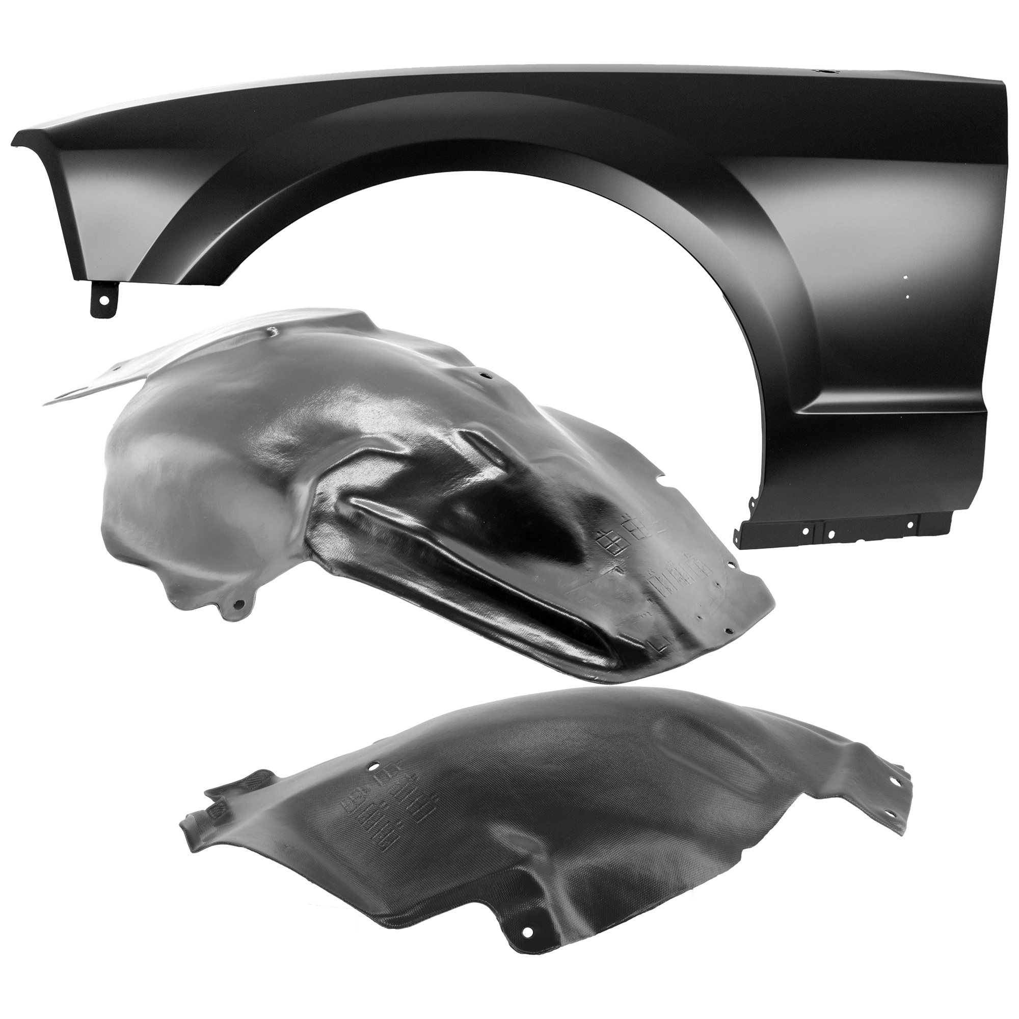 AM MUSTANG 05-09 FRONT FENDER LH 3 pc Kit Primed with Fender Liners SKU KIT 050926 AE1143 Partslink FO1240246 FO1250127 FO1250129 OEM 5R3Z16006BA 5R3Z16103AB 5R3Z16