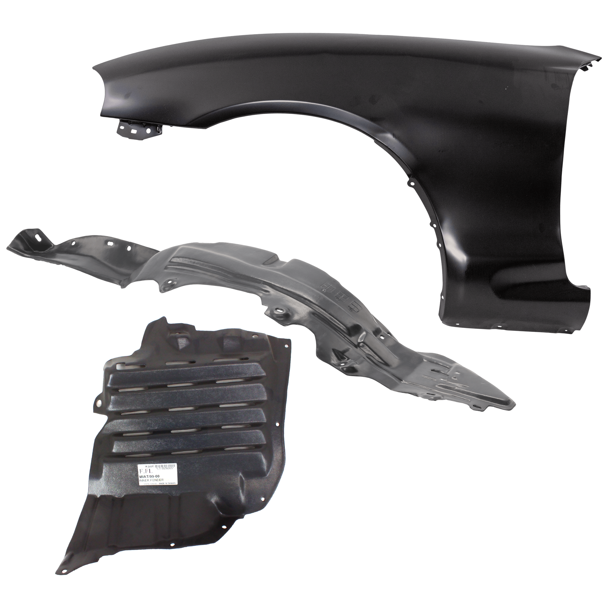AM MIATA 99-00 FRONT FENDER LH 3 pc Kit Primed with Fender Liners SKU KIT 050926 AE1144 Partslink MA1240138 MA1250111 MA1248122 OEM NCY052210F NC1056142D NC105614
