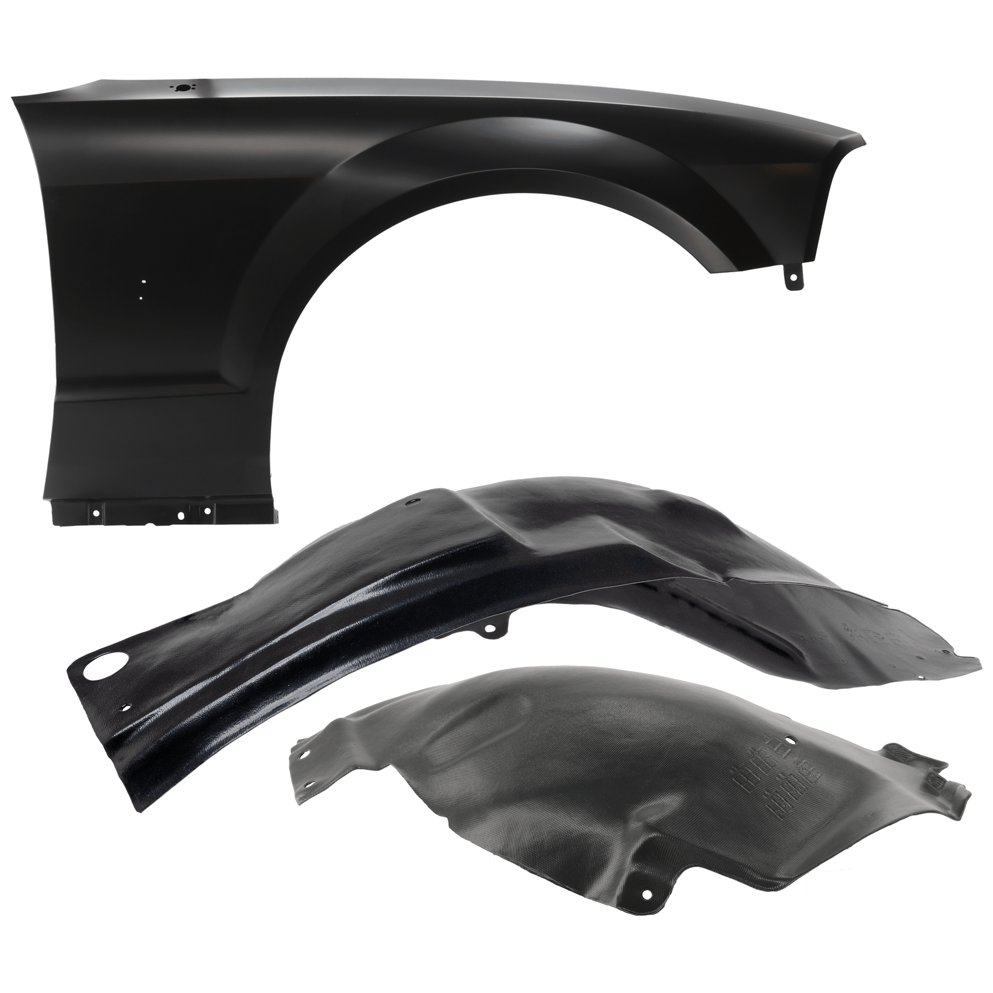AM MUSTANG 05-09 FRONT FENDER RH 3 pc Kit Primed with Fender Liners SKU KIT 050926 AE1150 Partslink FO1241246 FO1251128 FO1251130 OEM 5R3Z16005BA 5R3Z16102AB 5R3Z16