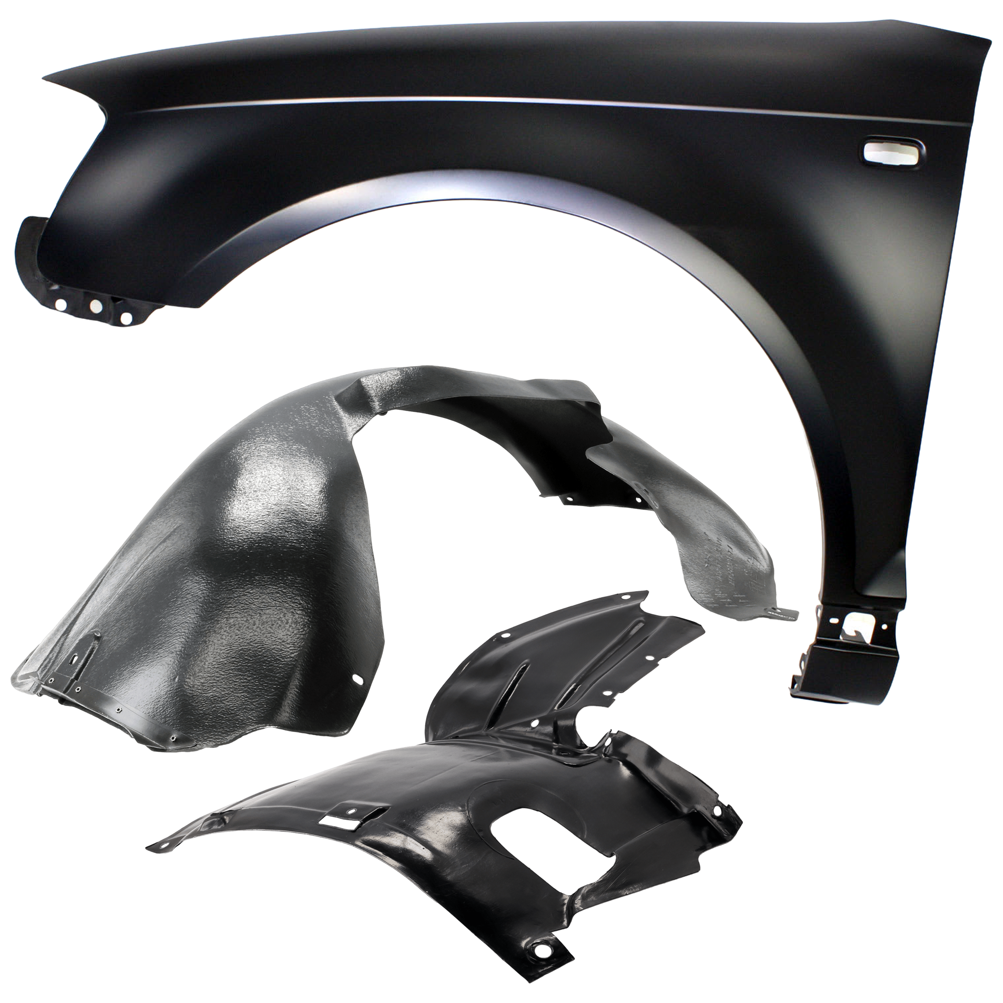 AM A3-06-08 FRONT FENDER LH 3 pc Kit Primed with Fender Liners SKU KIT 050926 AE1172 Partslink AU1240120 AU1250101 AU1250102 OEM 8P0821105F 8P0821191C 8P082117
