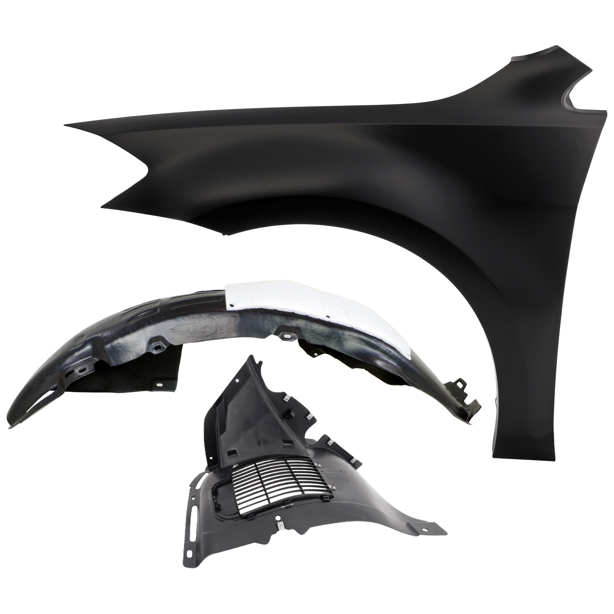 AM GOLF R 18-19 FRONT FENDER LH 3 pc Kit Primed with Fender Liners SKU KIT 050926 AE1186 Partslink VW1240152 VW1248125 VW1248146 OEM 5G0821105B 5G0805911AL 5G08059