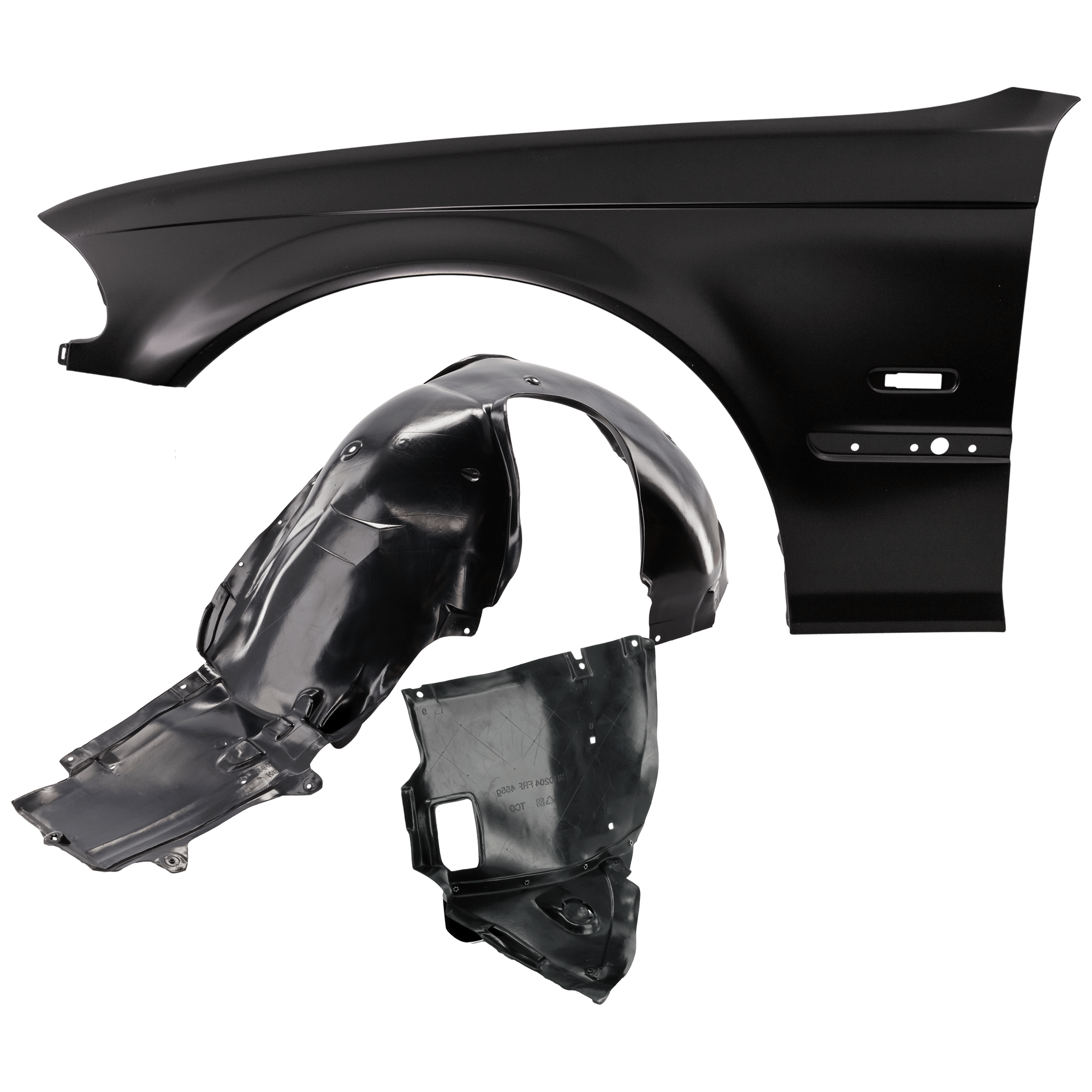 AM 325XI 330XI 01-01 FRONT FENDER LH 3 pc Kit Primed with Fender Liners SKU KIT 050926 AE1196 Partslink BM1240122 BM1250109 BM1250103 OEM 41358240405-51718265467-517170