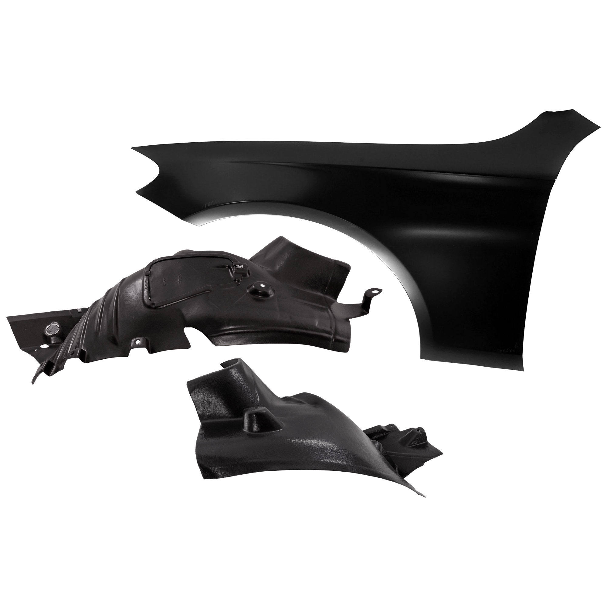 AM E400-17-17 FRONT FENDER LH 3 pc Kit Primed with Fender Liners SKU KIT 050926 AE1216 Partslink MB1240164 MB1248176 MB1248157 OEM 2138800118-2076902430-20769013