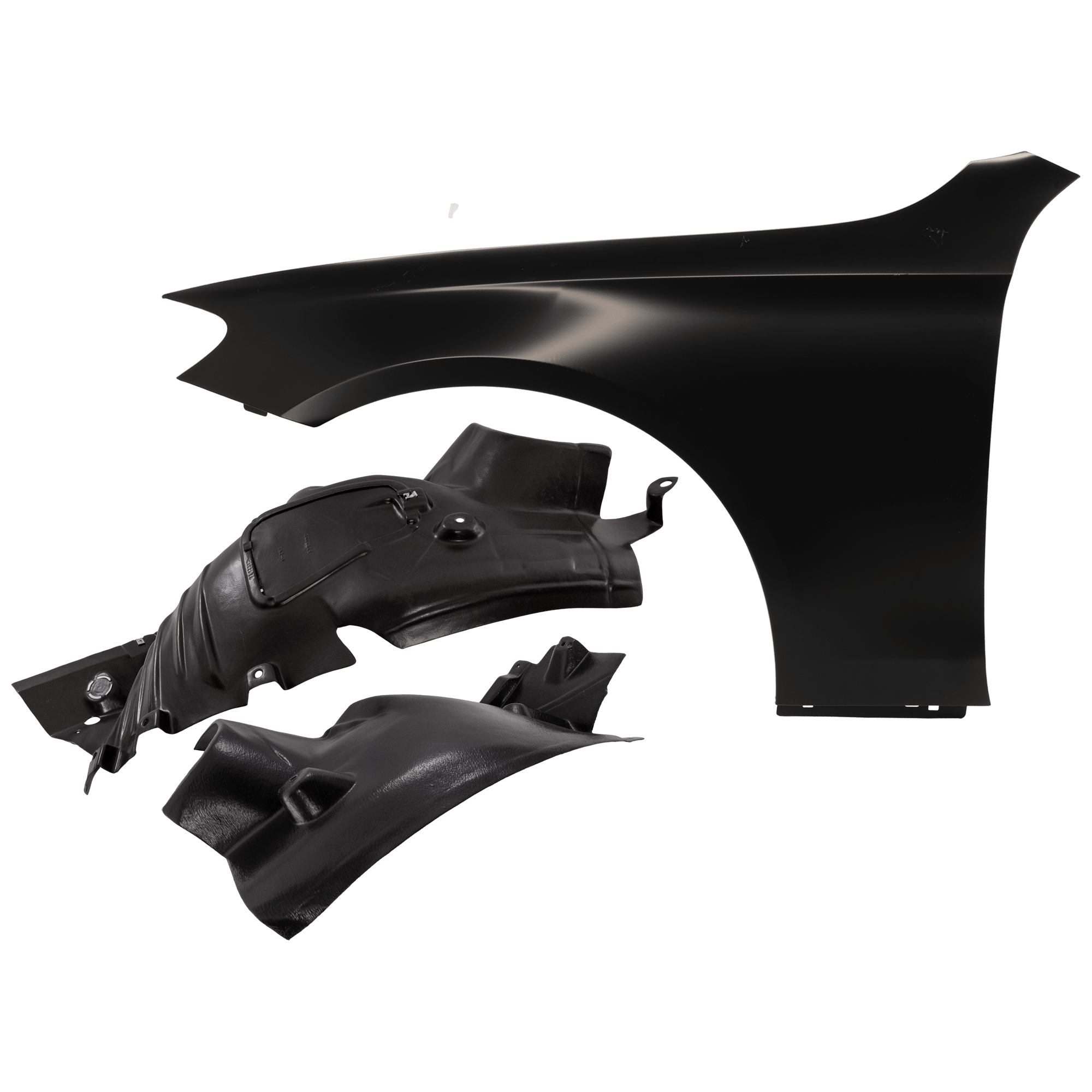 AM E400-17-17 FRONT FENDER LH 3 pc Kit Primed with Fender Liners SKU KIT 050926 AE1217 Partslink MB1248176 MB1248157 OEM 2138800118 PFM 2076902430-2076