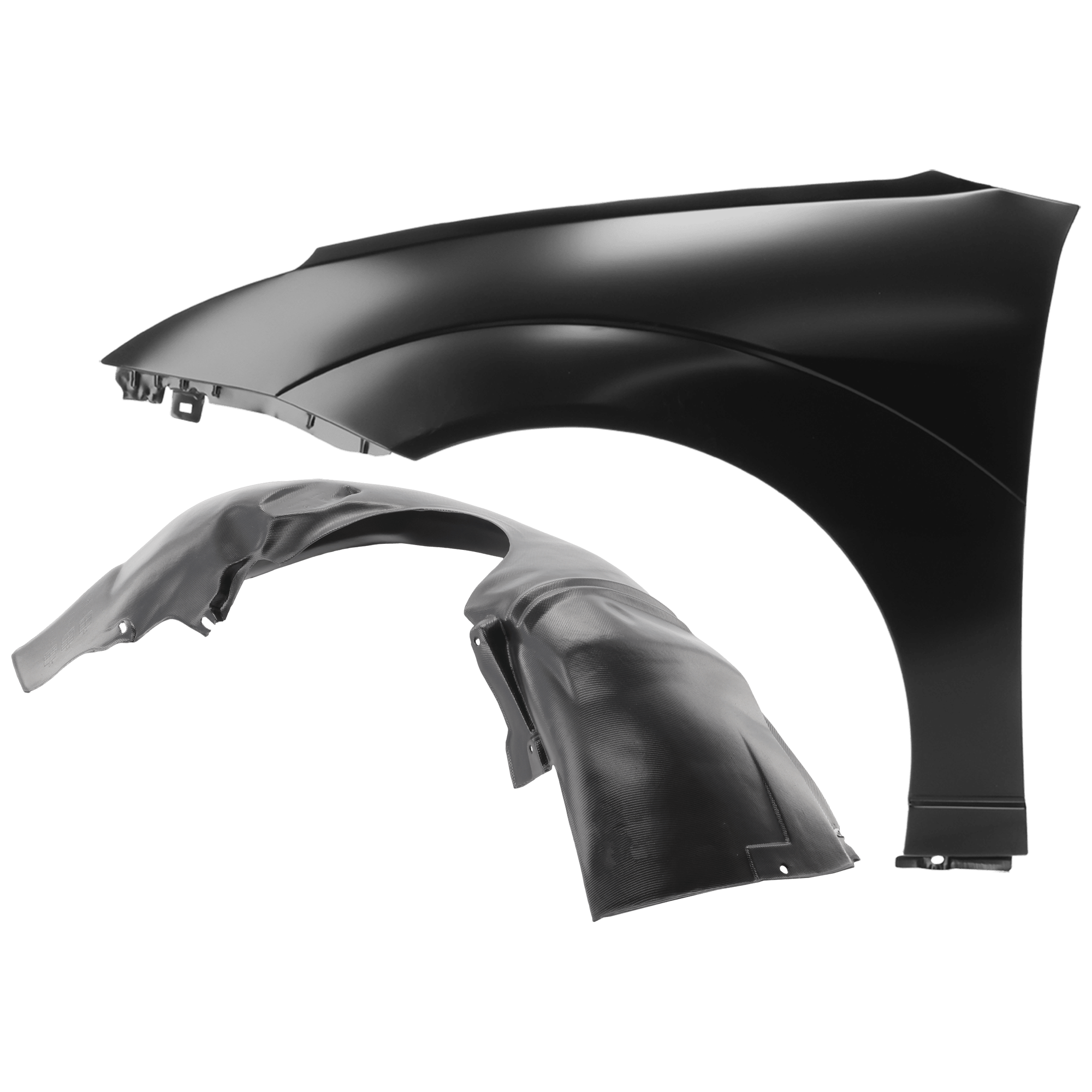 AM FOCUS 00-04 FRONT FENDER LH Primed w o Signal Light Hole 2 pc kit with 1 Fender and 1 Fender Liner SKU KIT 050926 AE1432 Partslink FO1240207 FO1250134 OEM YS4Z16006CA 5S4Z16103A